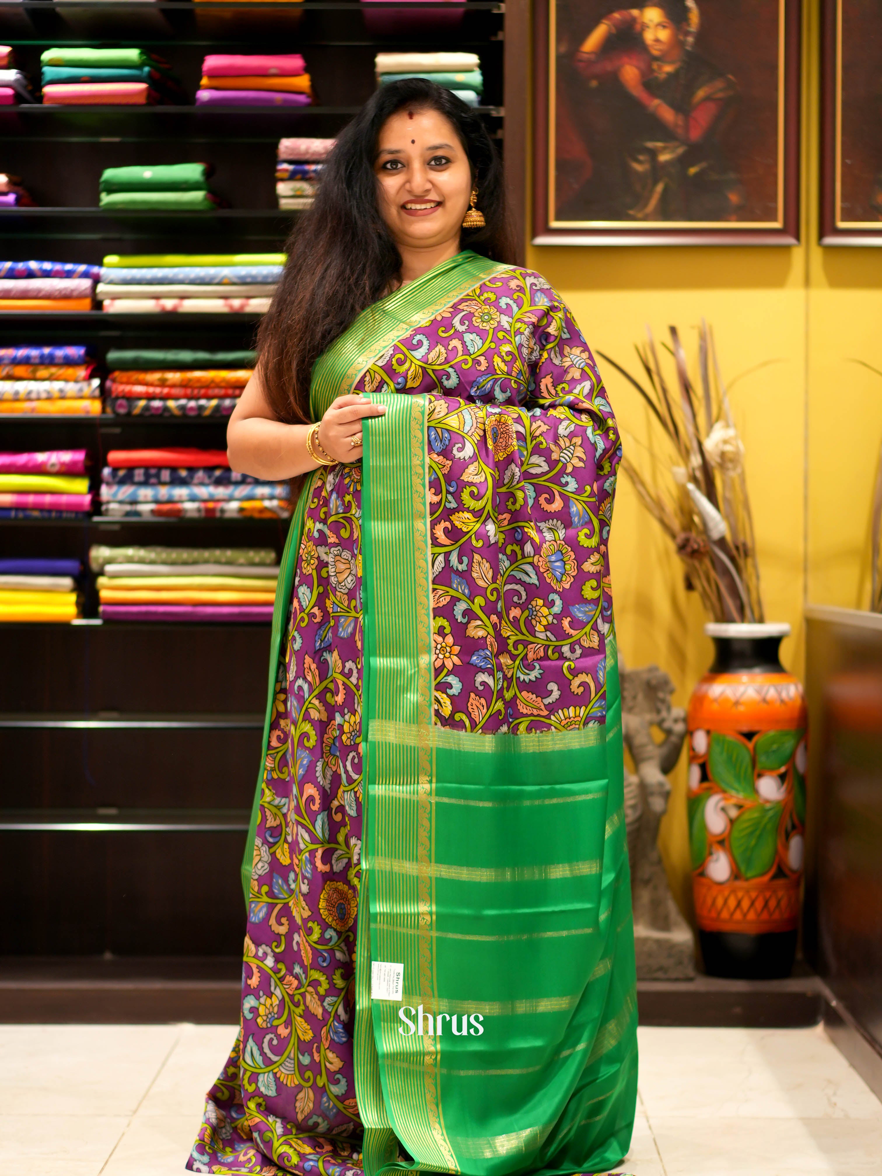 Purple & Green - Mysore Silk Saree - Shop on ShrusEternity.com