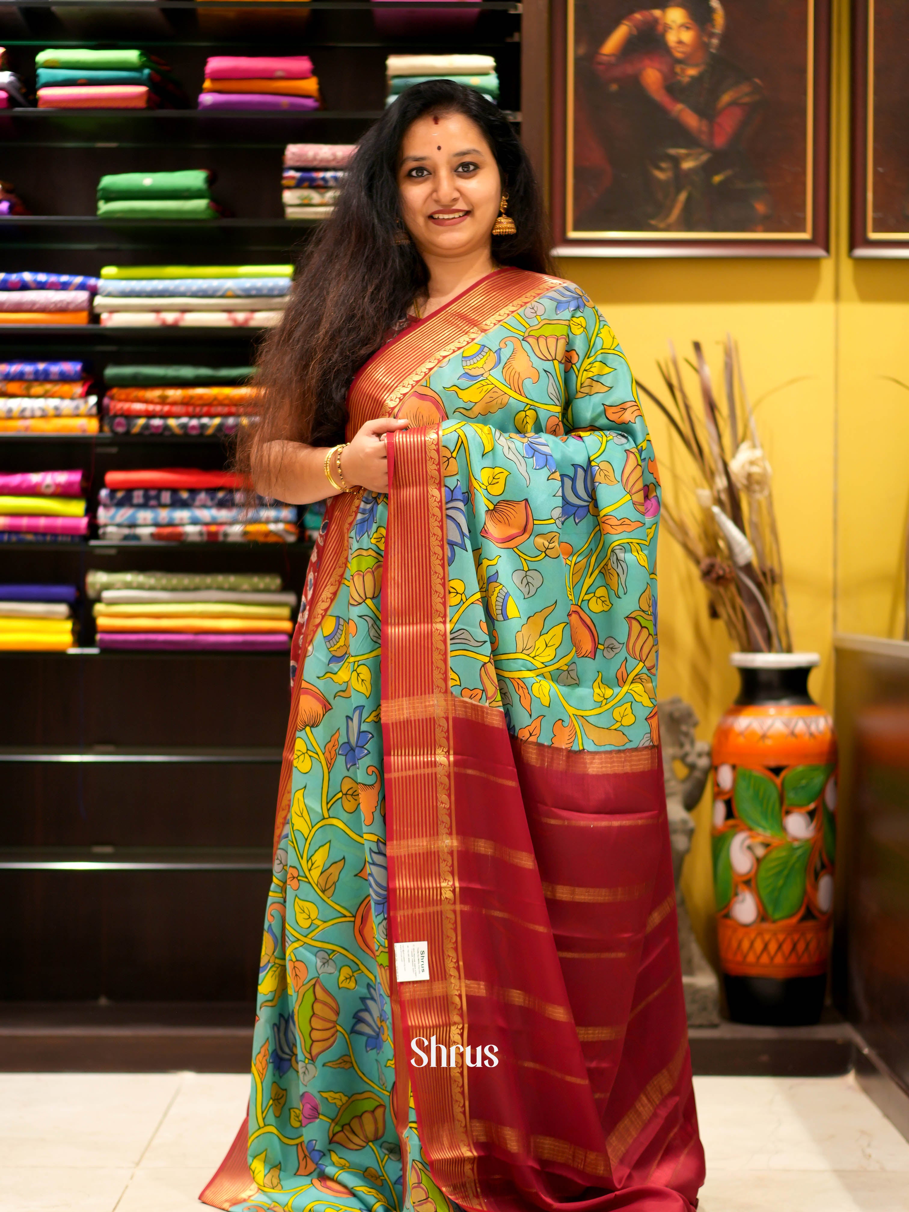 Teal & Red - Mysore Silk Saree - Shop on ShrusEternity.com
