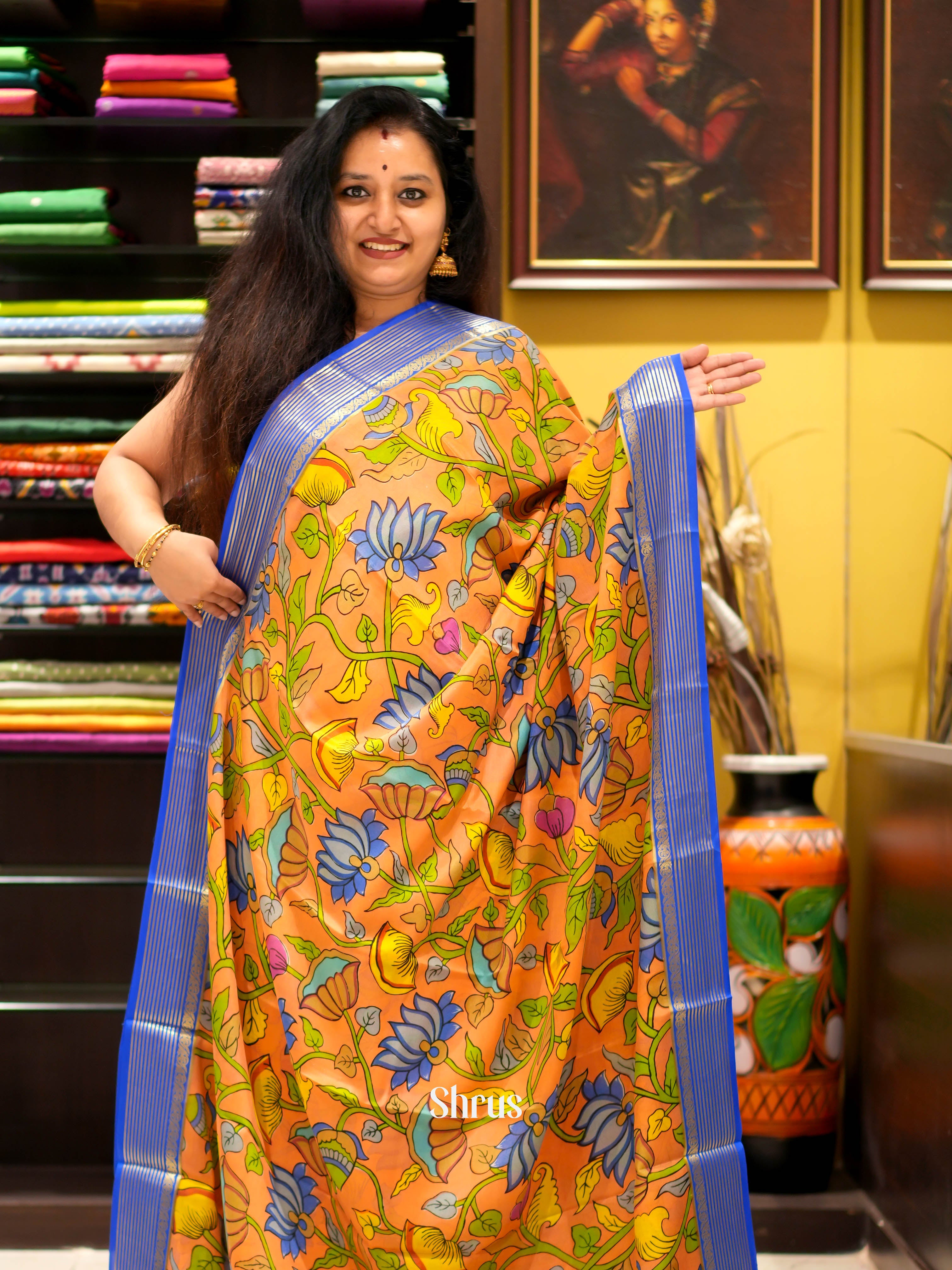 Orange & Blue - Mysore silk Saree - Shop on ShrusEternity.com