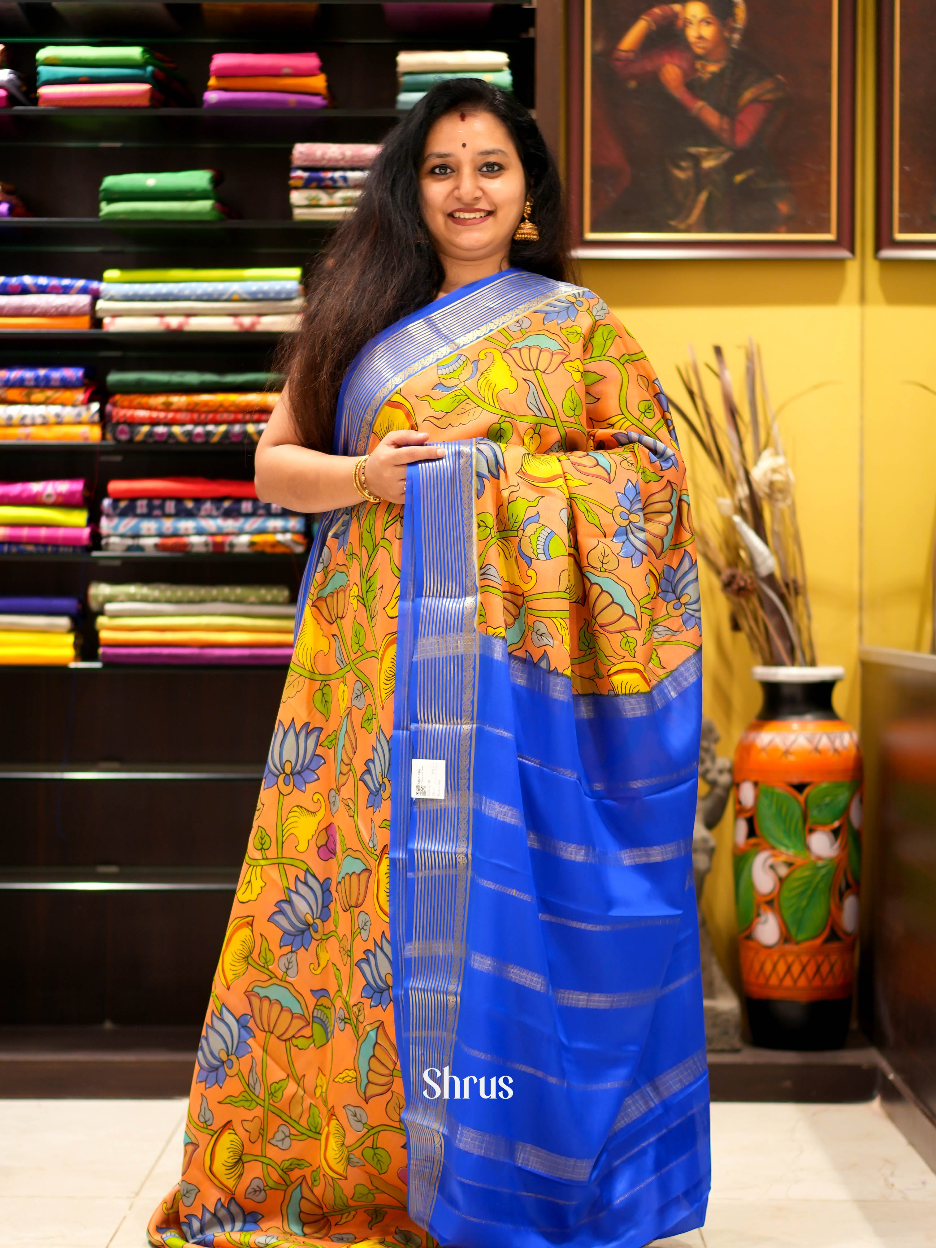 Orange & Blue - Mysore silk Saree - Shop on ShrusEternity.com