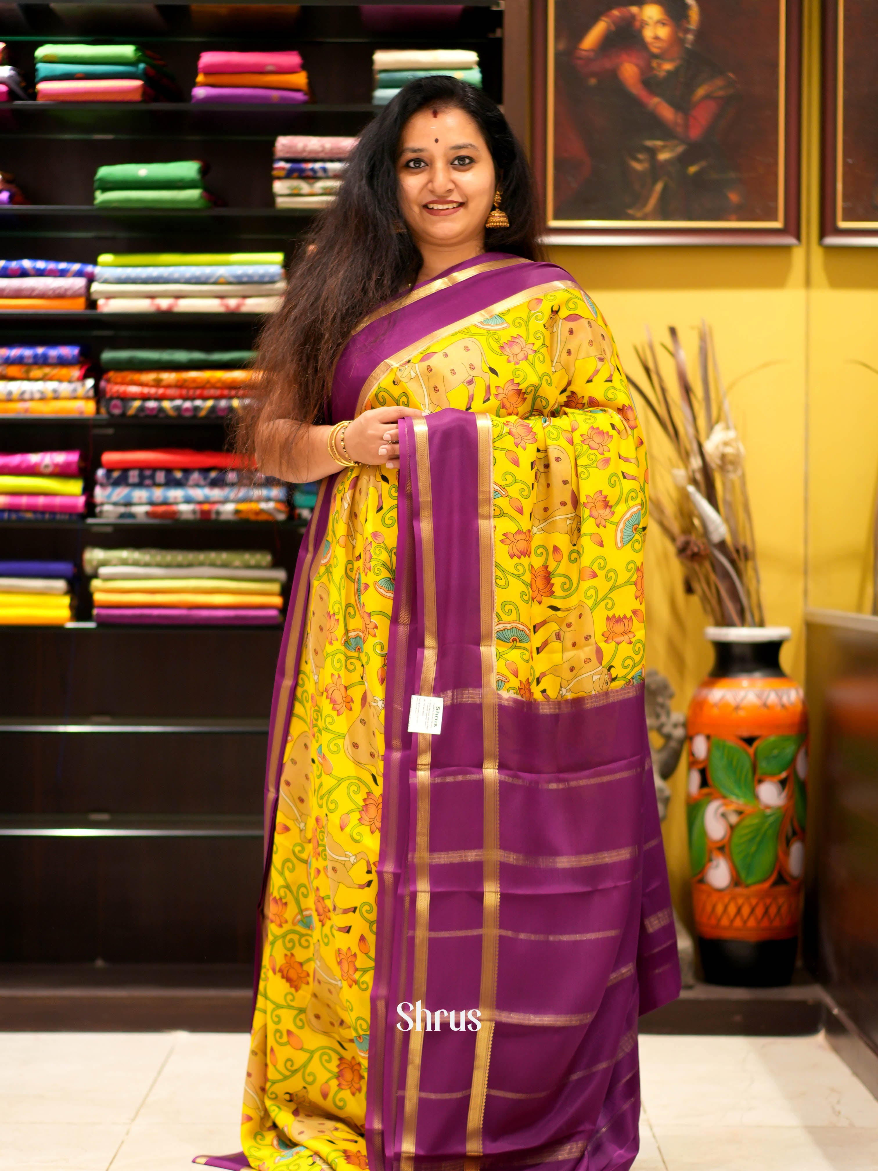 Yellow & Purple - Mysore silk Saree - Shop on ShrusEternity.com