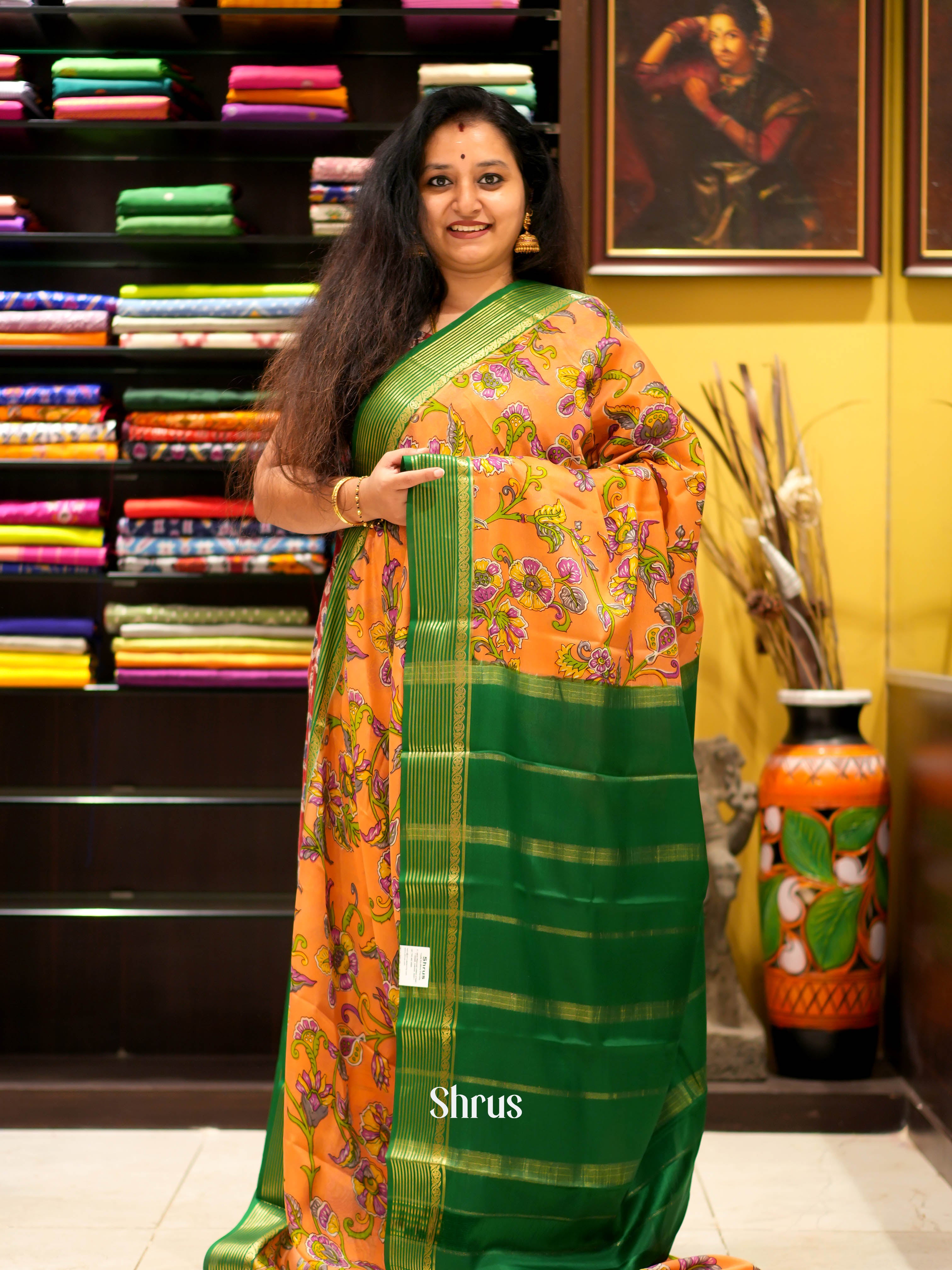Orange & Green - Mysore silk Saree - Shop on ShrusEternity.com