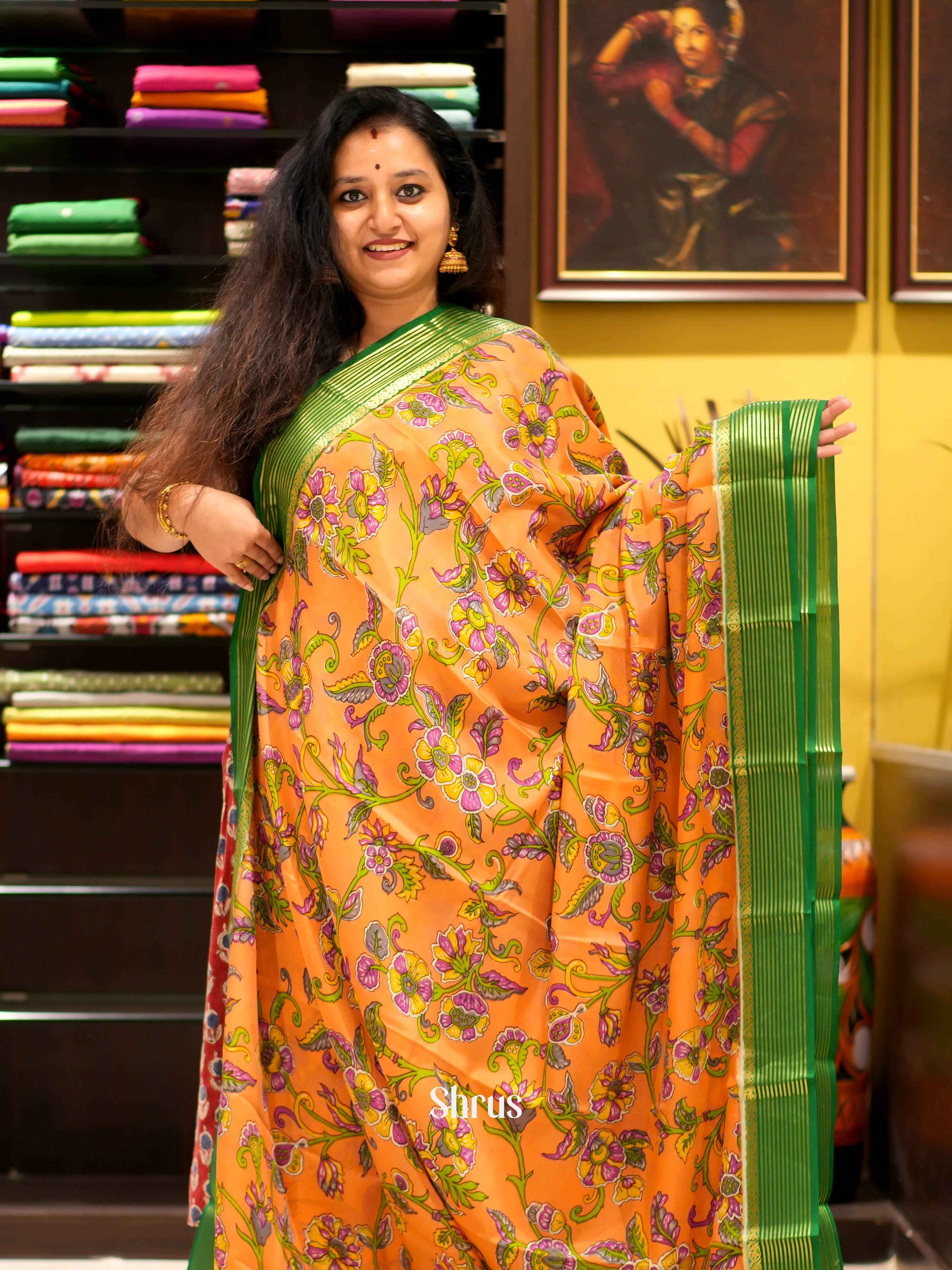 Orange & Green - Mysore silk Saree - Shop on ShrusEternity.com
