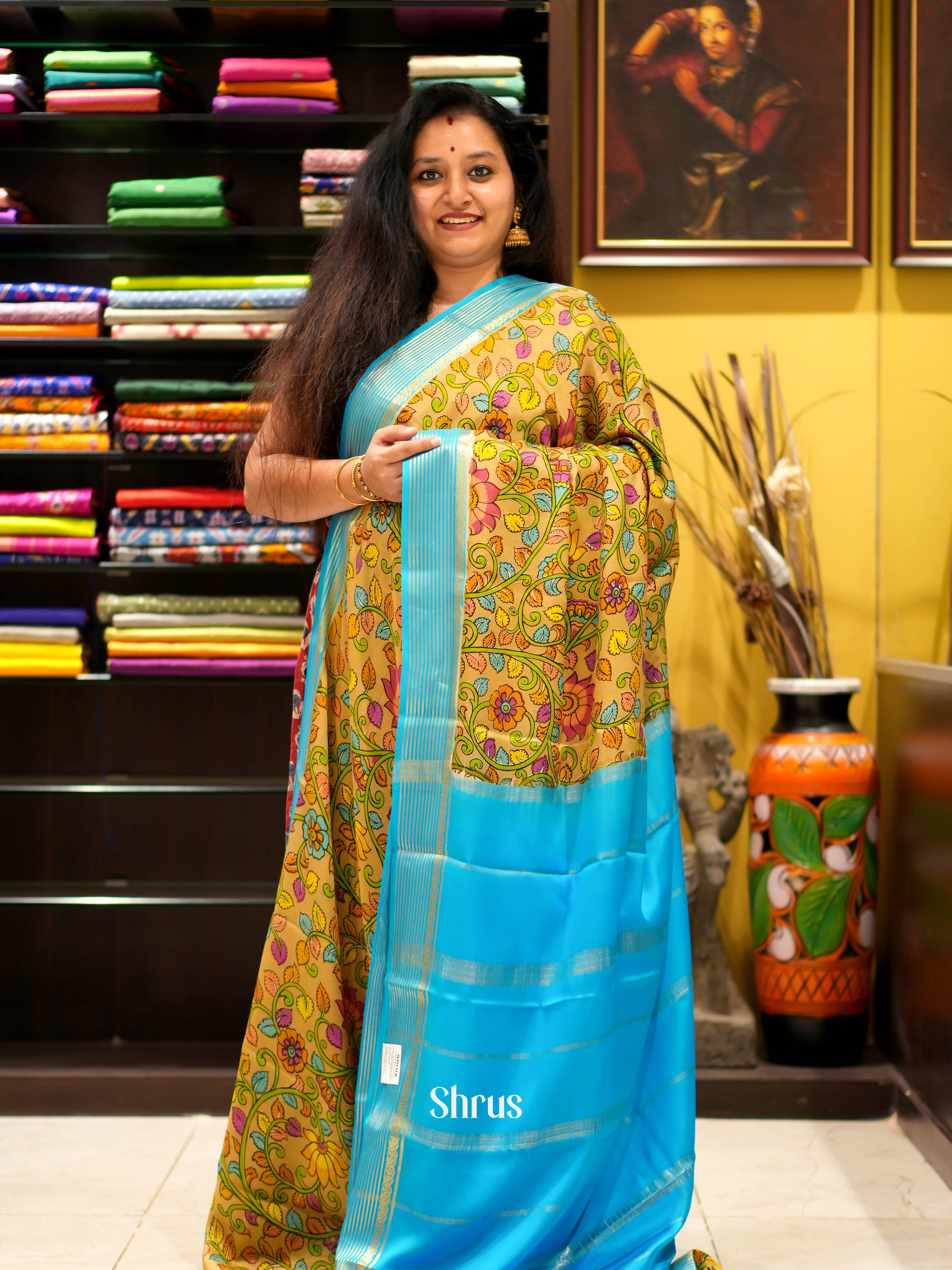 Brown & Blue - Mysore Silk Saree - Shop on ShrusEternity.com