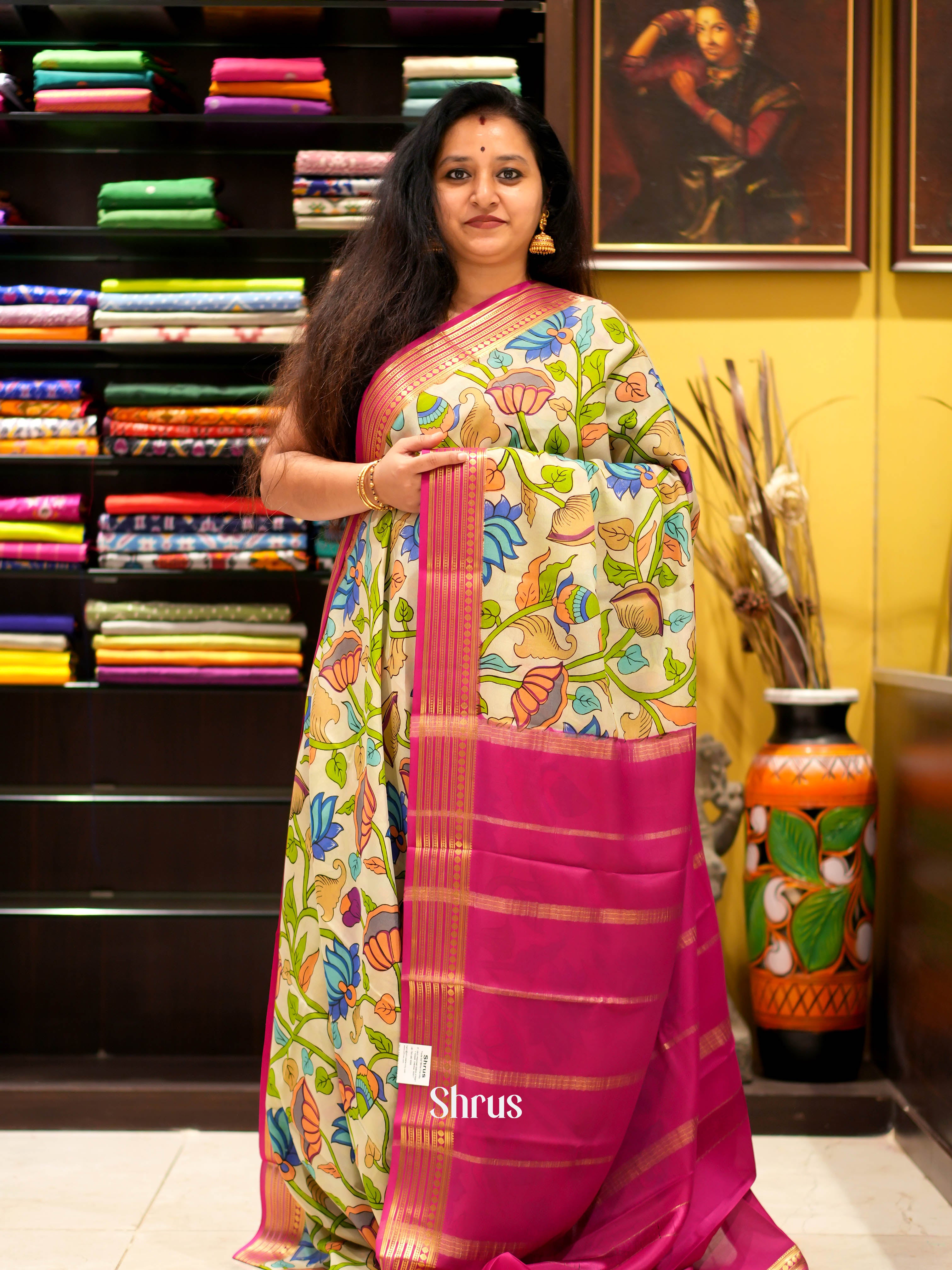 Cream & Pink- Mysore silk Saree - Shop on ShrusEternity.com