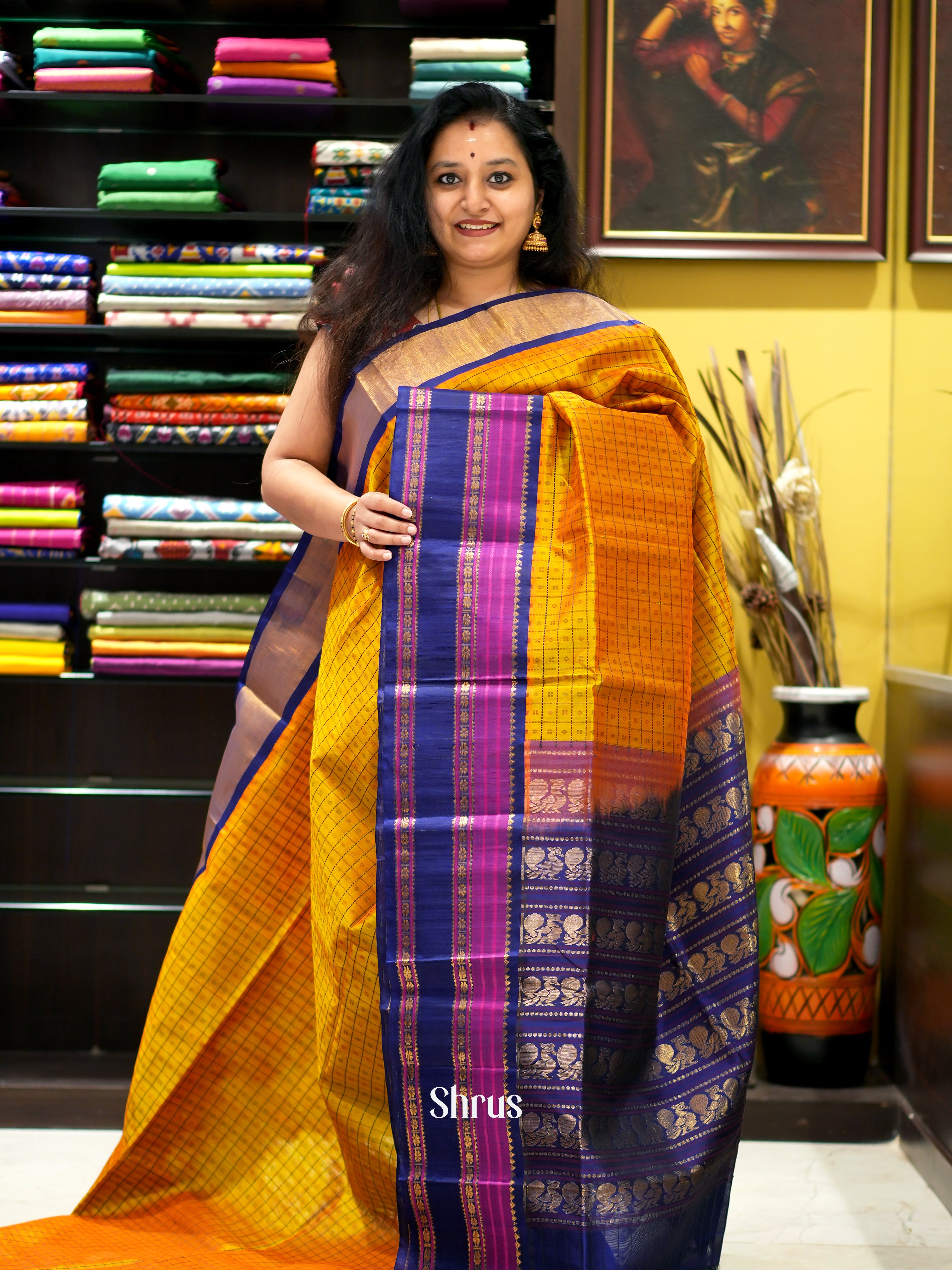 Mustard & Blue - Silk Cotton Saree - Shop on ShrusEternity.com