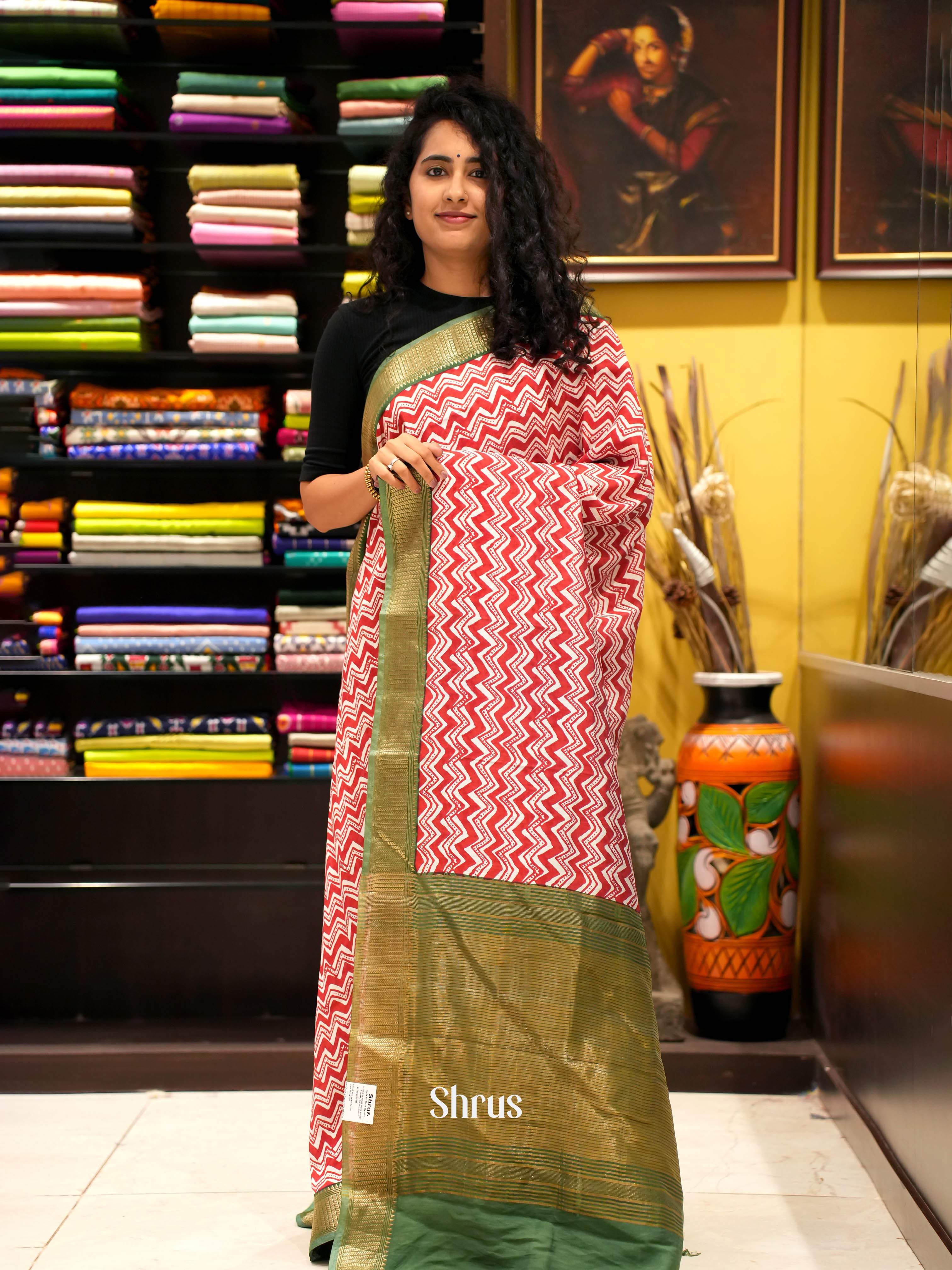 Red & Green - Art Modal Saree - Shop on ShrusEternity.com