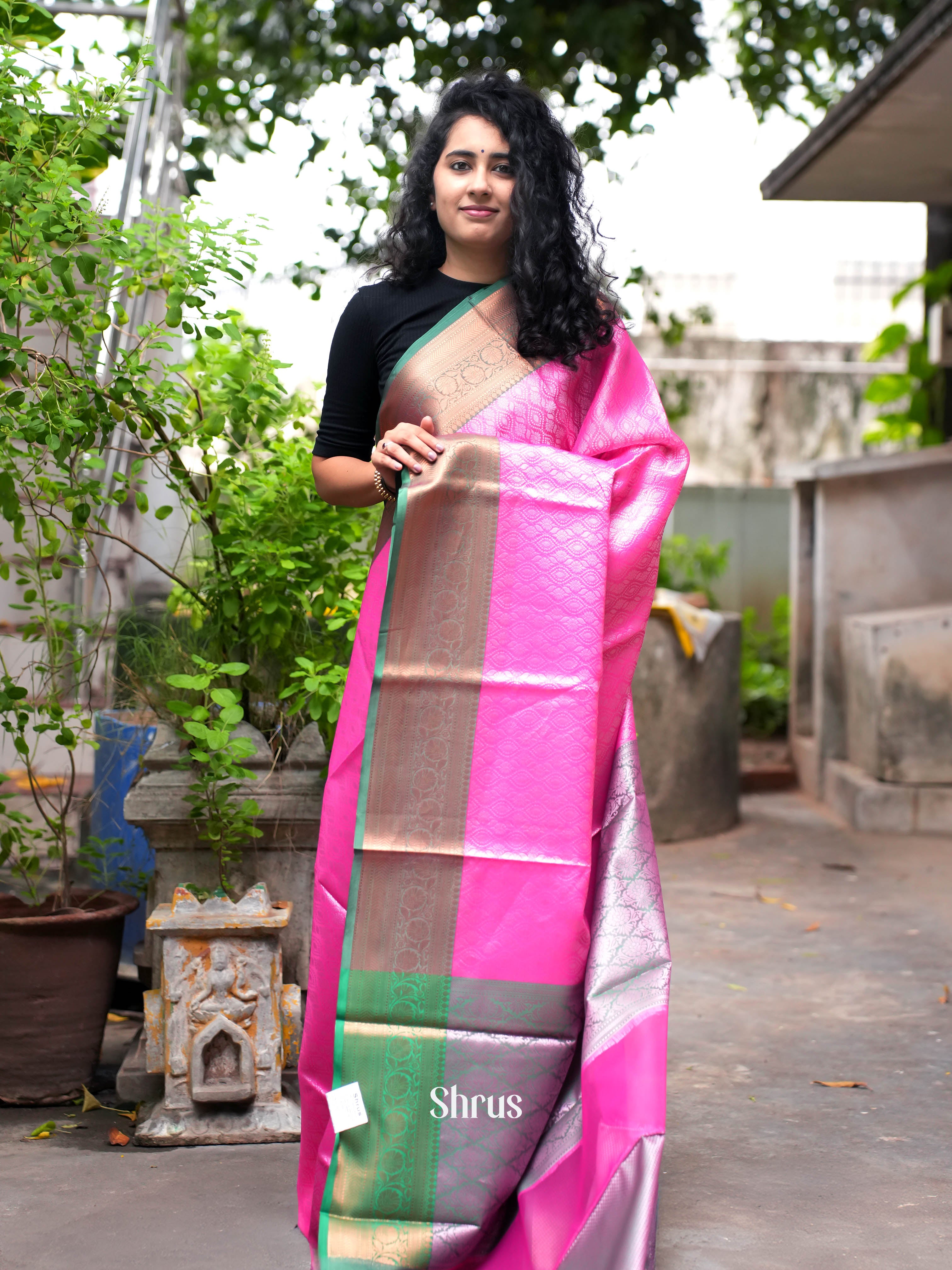 Pink & Green - Tanchoi Saree - Shop on ShrusEternity.com