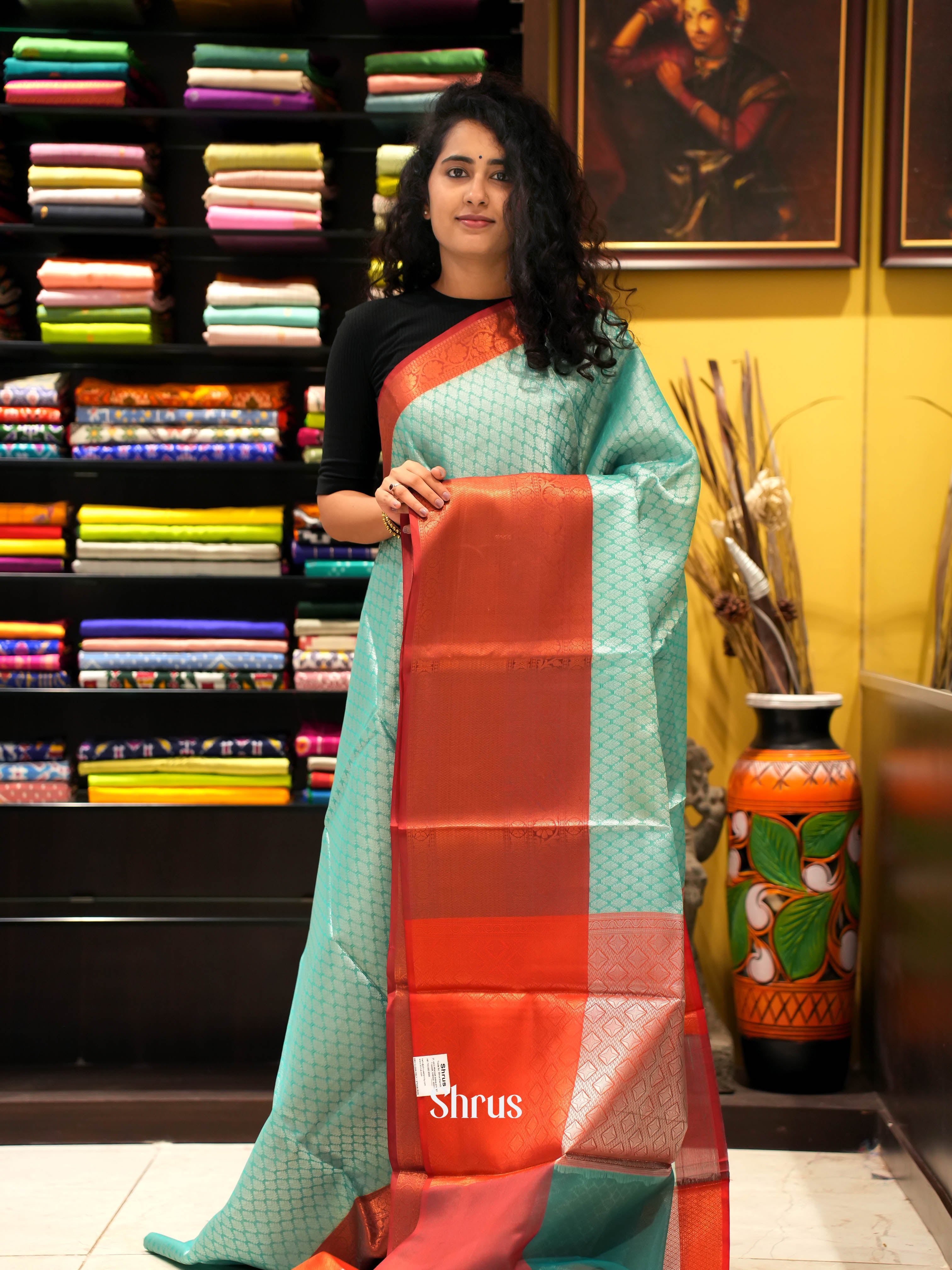 Teal & Red- Tanchoi Saree - Shop on ShrusEternity.com