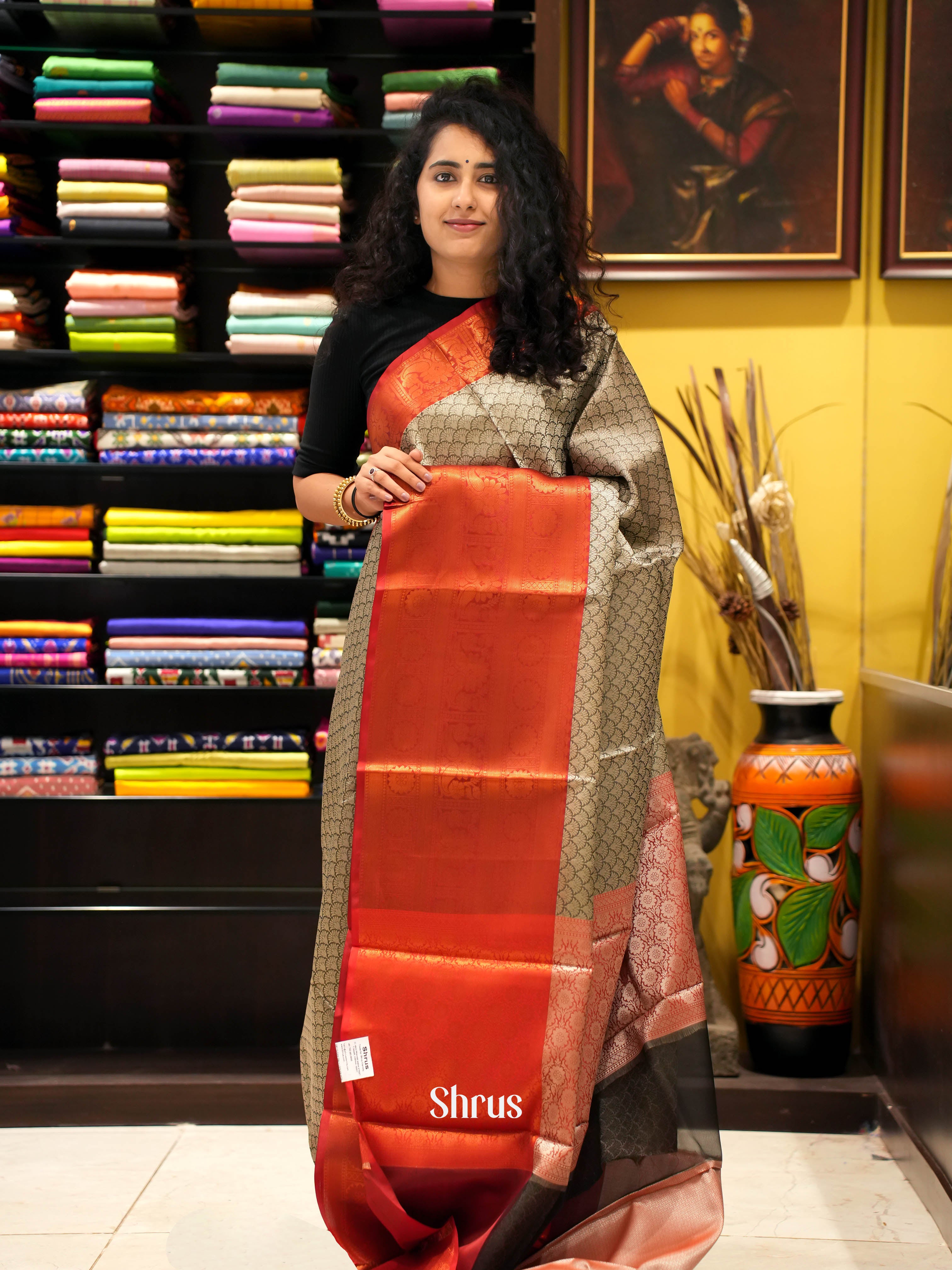 Grey & Red - Tanchoi Saree - Shop on ShrusEternity.com
