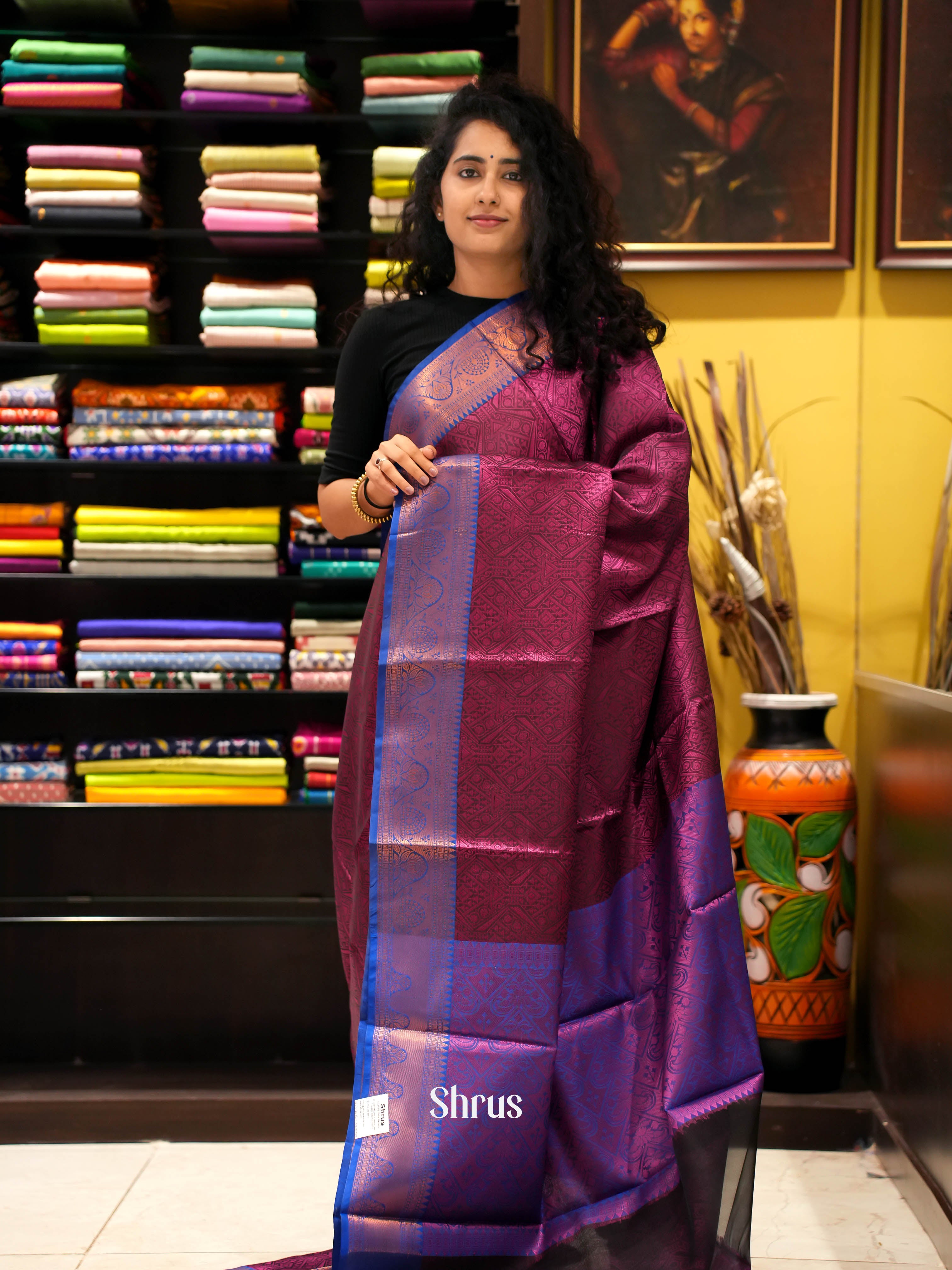 Wine & Blue- Tanchoi Saree - Shop on ShrusEternity.com