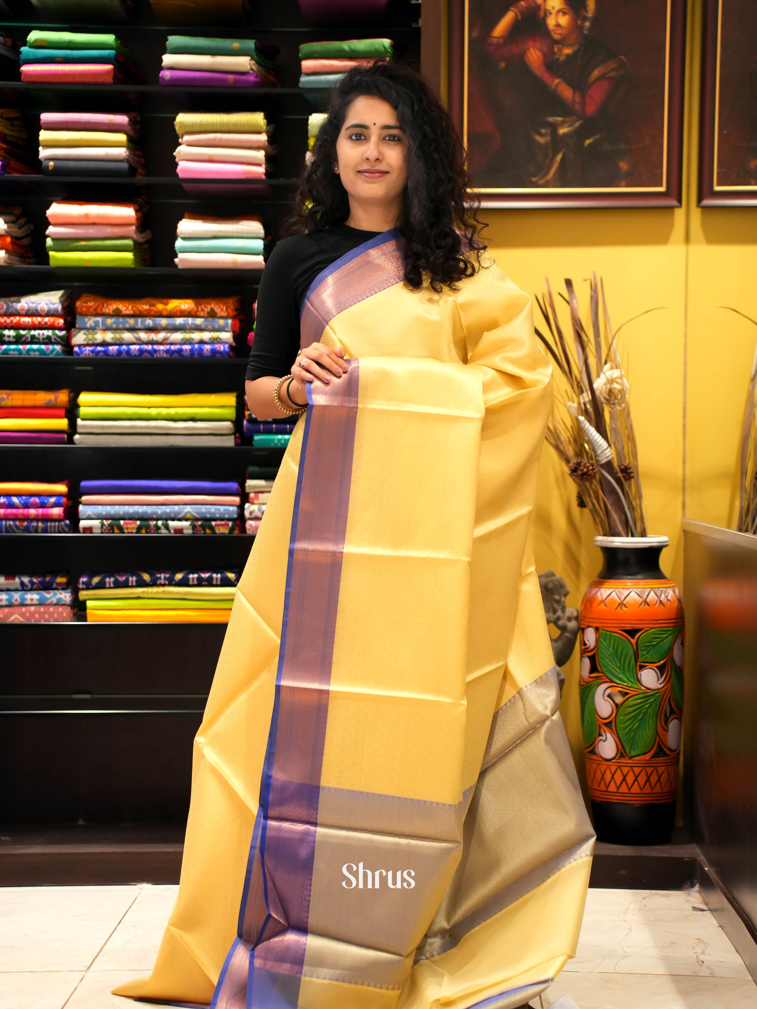 Yellow & Blue - Tanchoi Saree - Shop on ShrusEternity.com