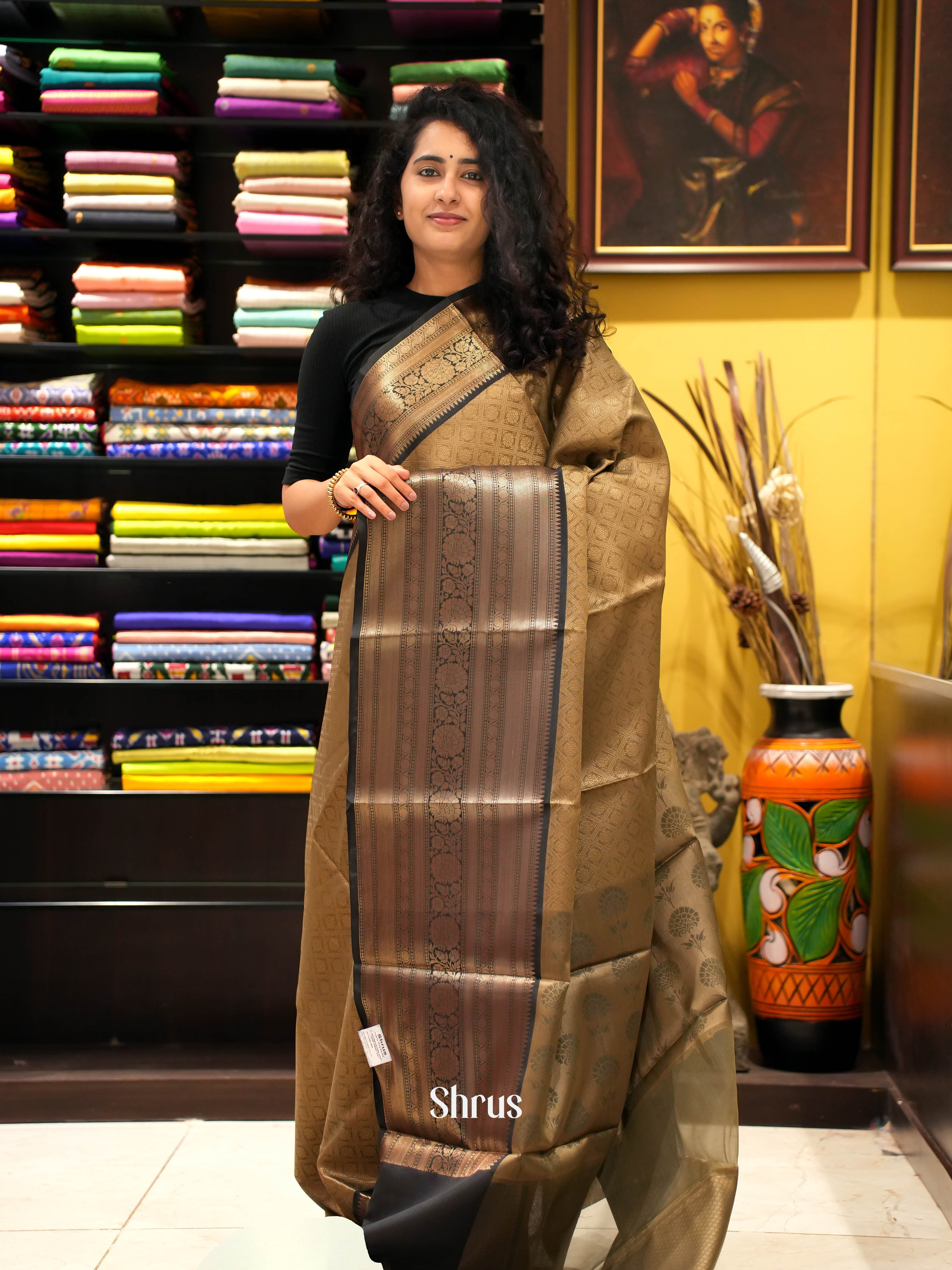 Gold & Black- Tanchoi Saree - Shop on ShrusEternity.com