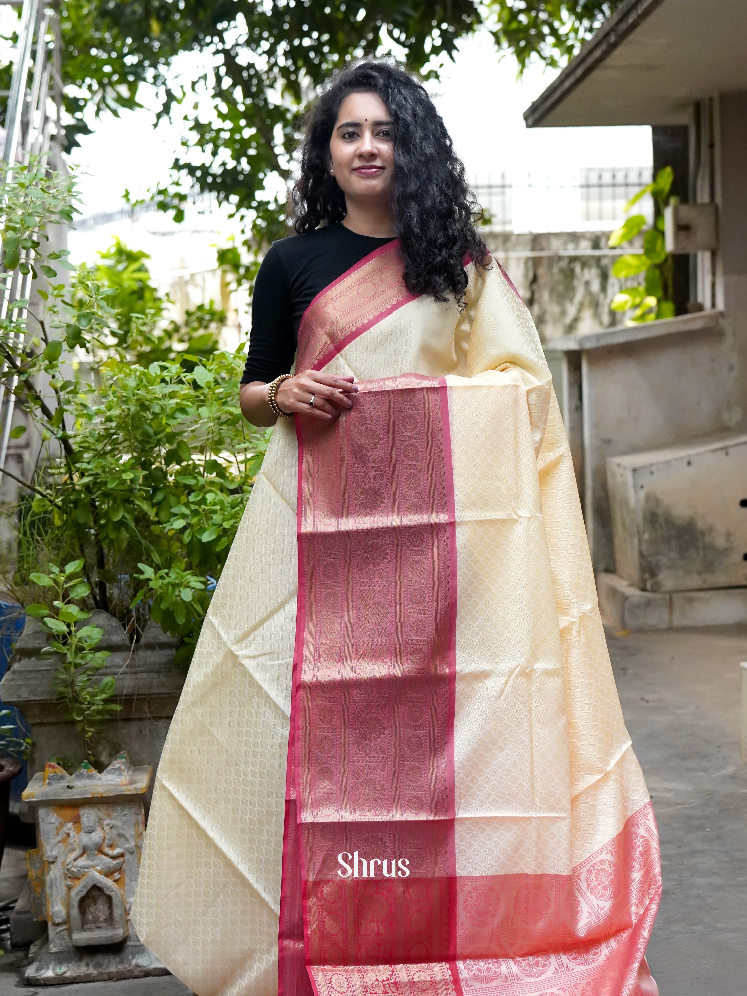Cream & Pink - Tanchoi Saree - Shop on ShrusEternity.com