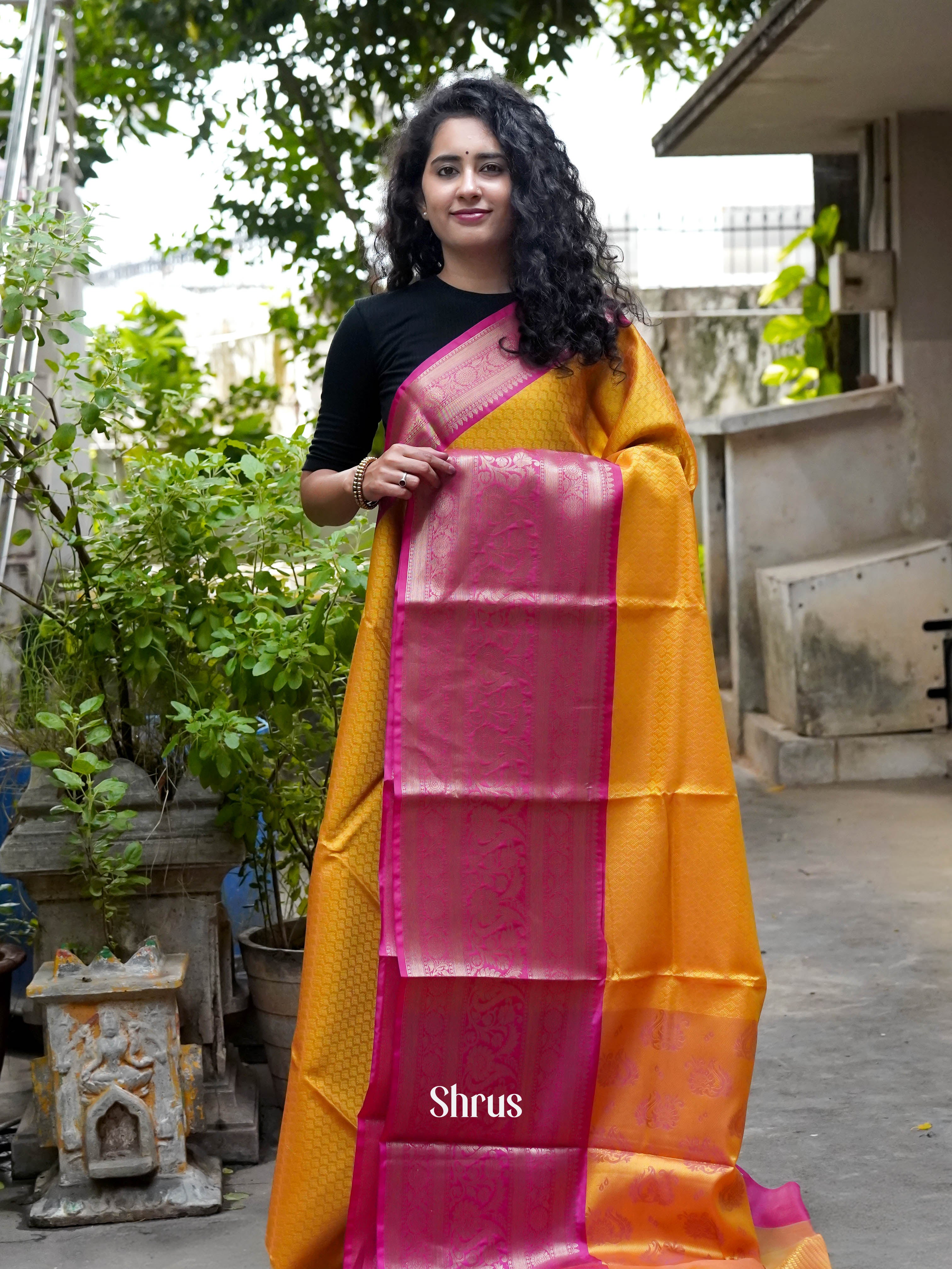 Yellow & Pink - Tanchoi Saree - Shop on ShrusEternity.com