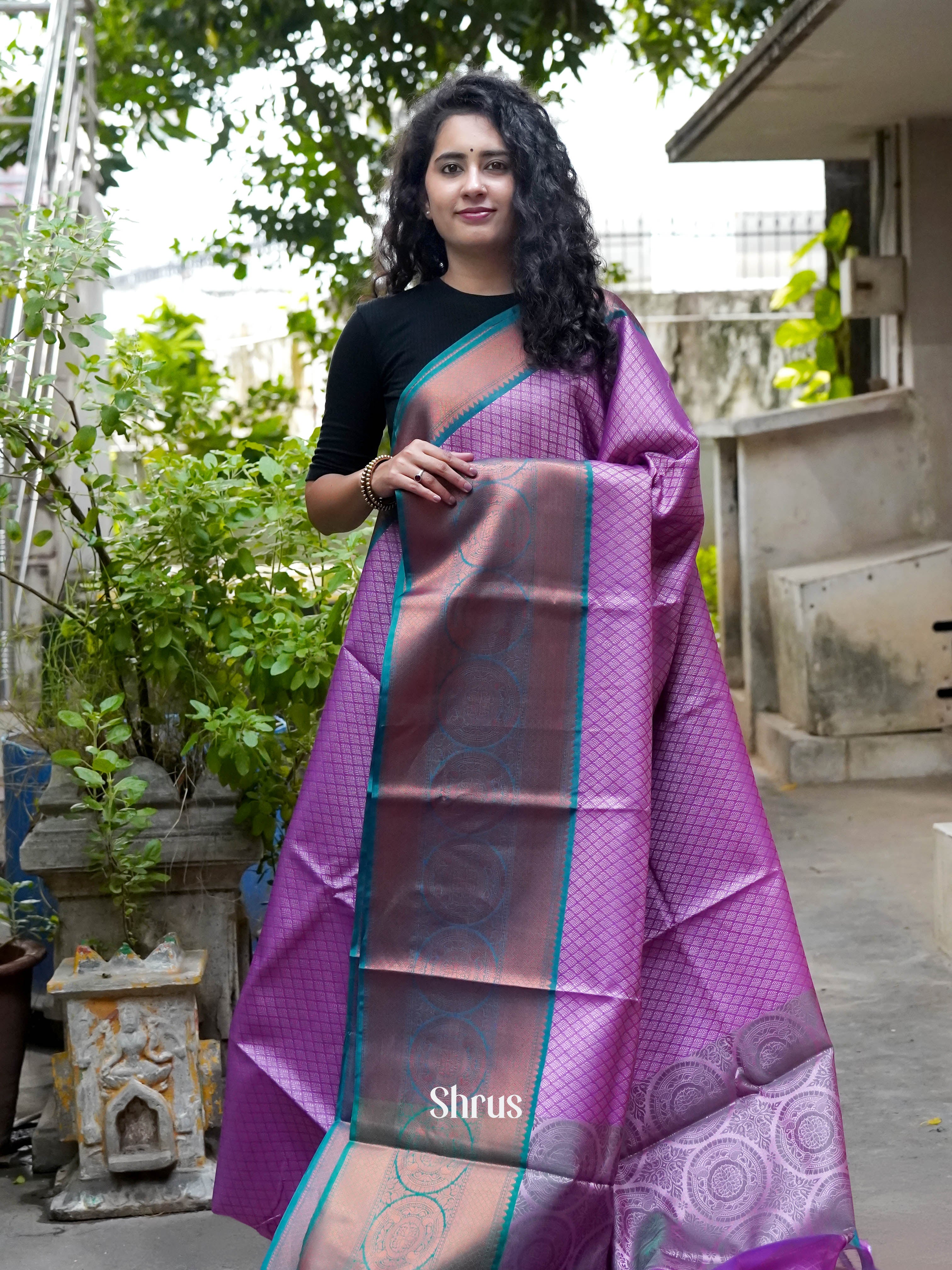 Purple & Blue - Tanchoi Saree - Shop on ShrusEternity.com