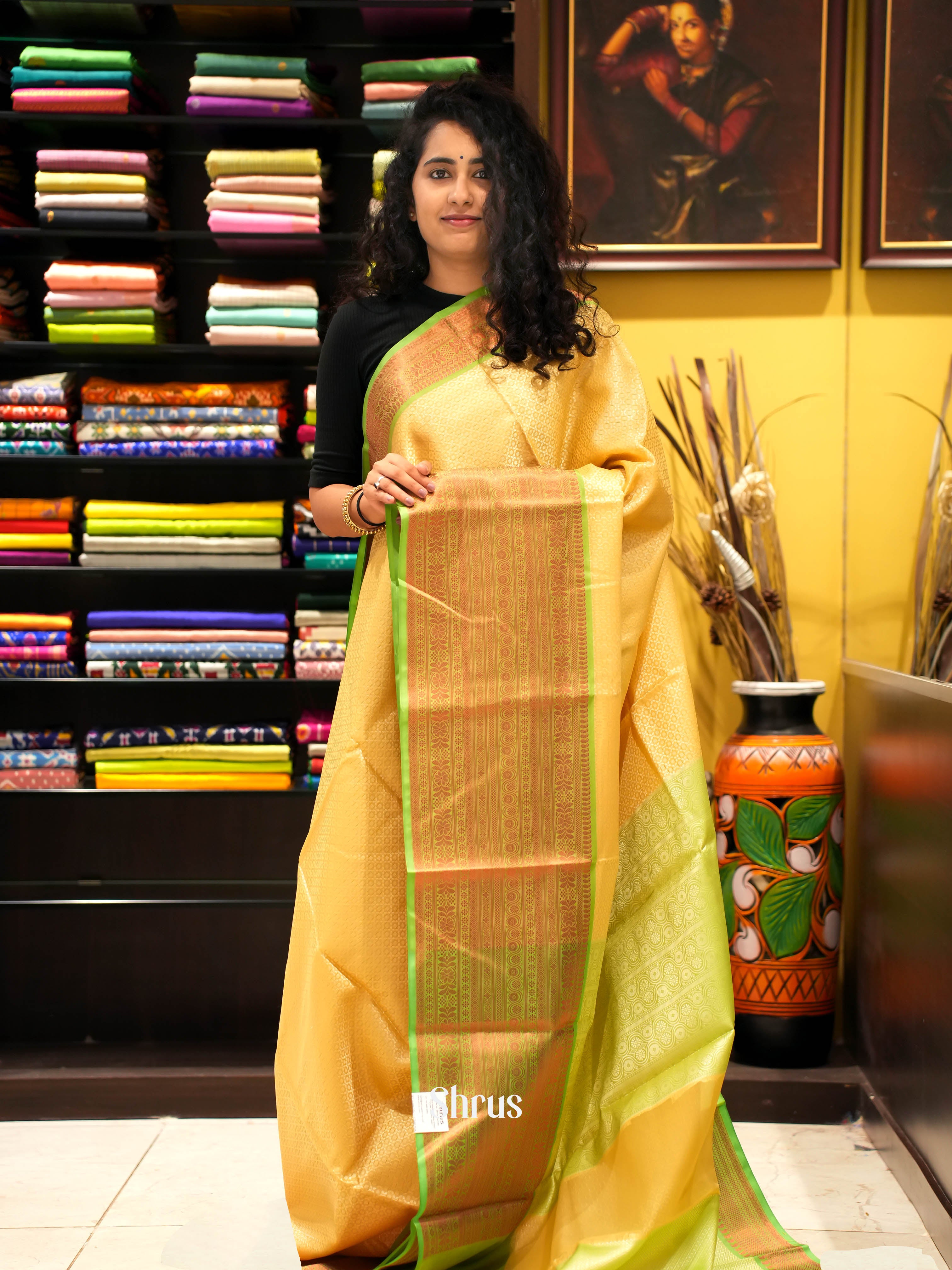 Cream & Green - Tanchoi Saree - Shop on ShrusEternity.com
