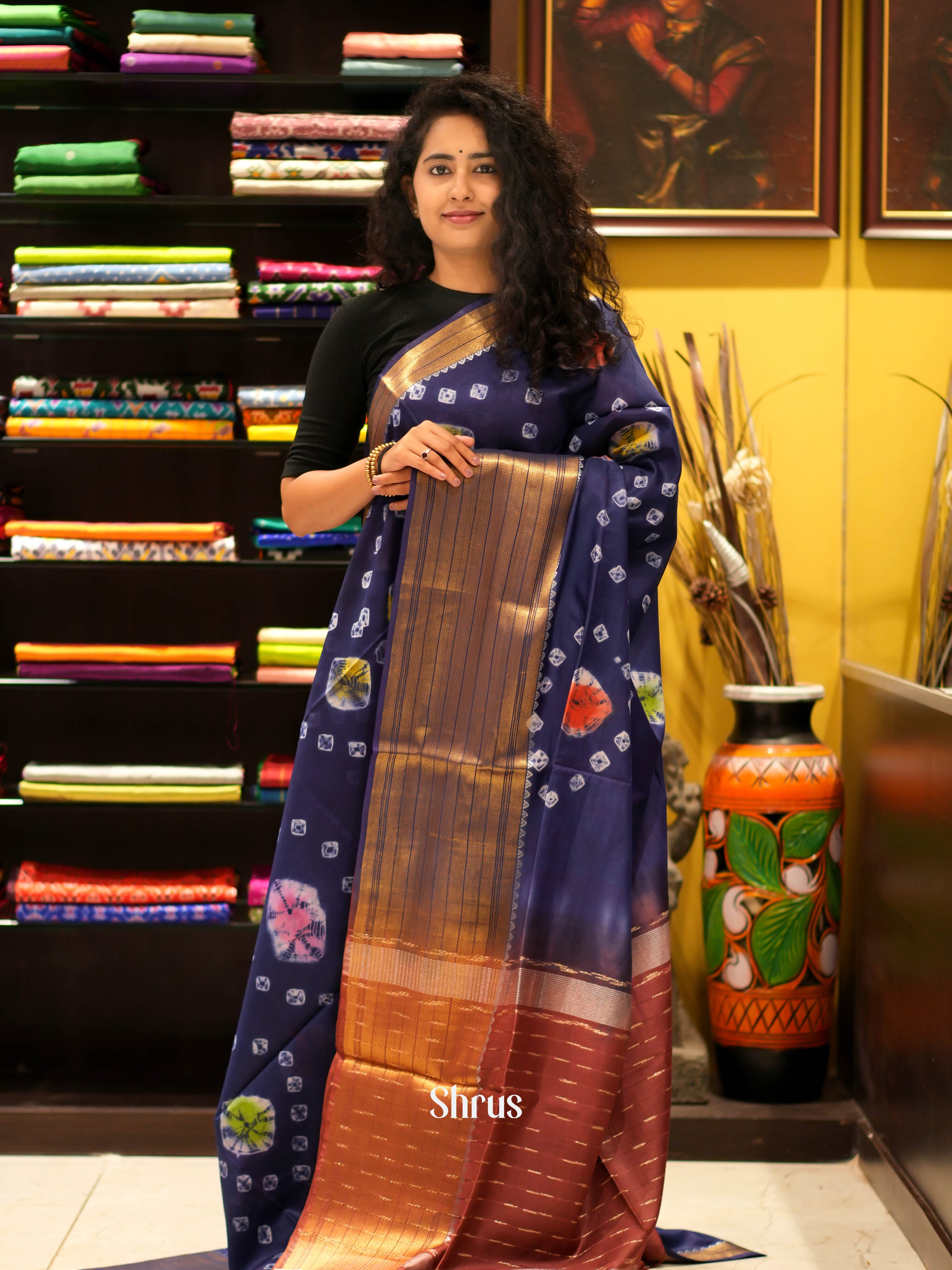 Blue & Brown - Shibori Saree - Shop on ShrusEternity.com