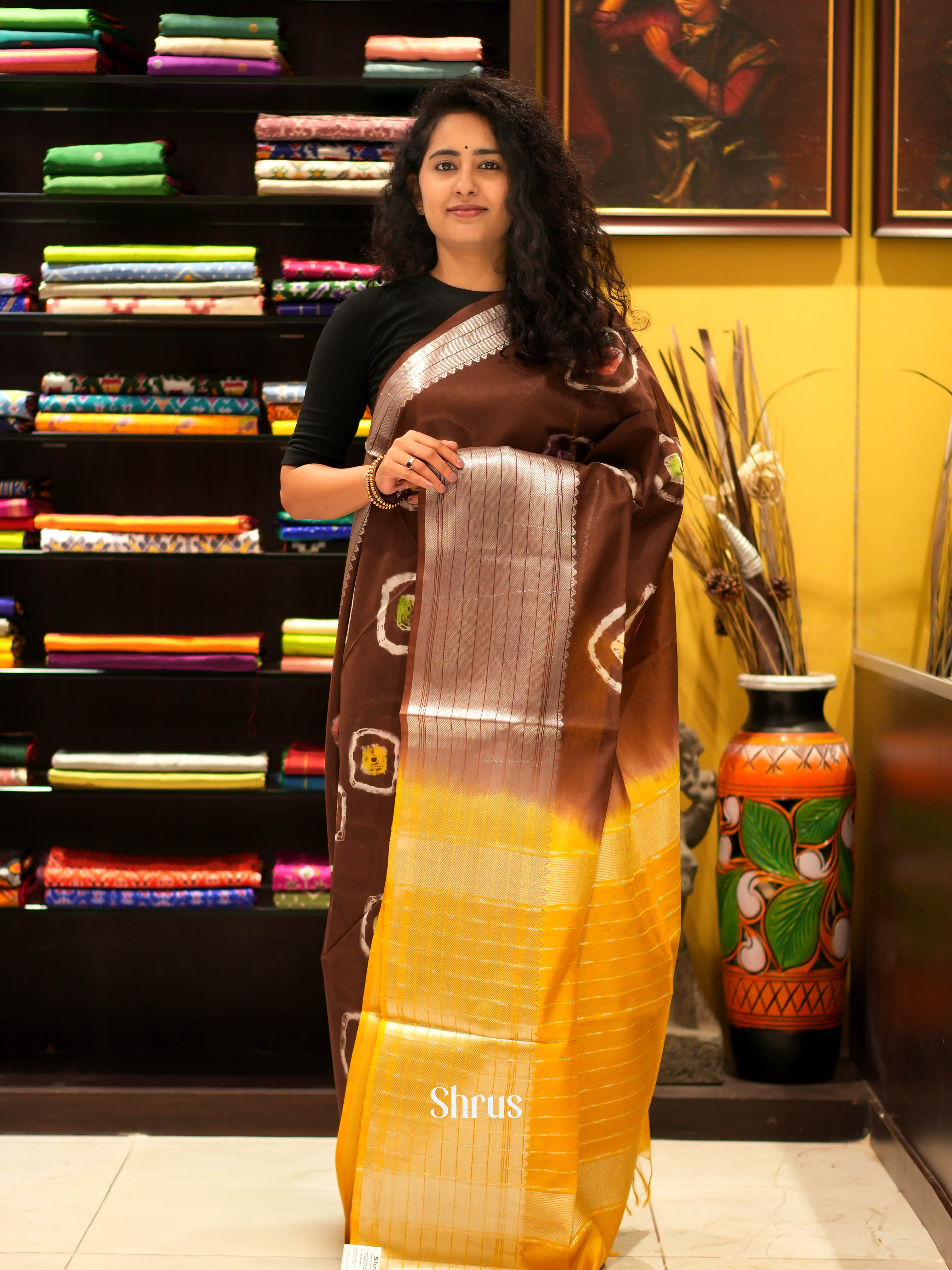 Brown & Yellow- Shibori Saree - Shop on ShrusEternity.com