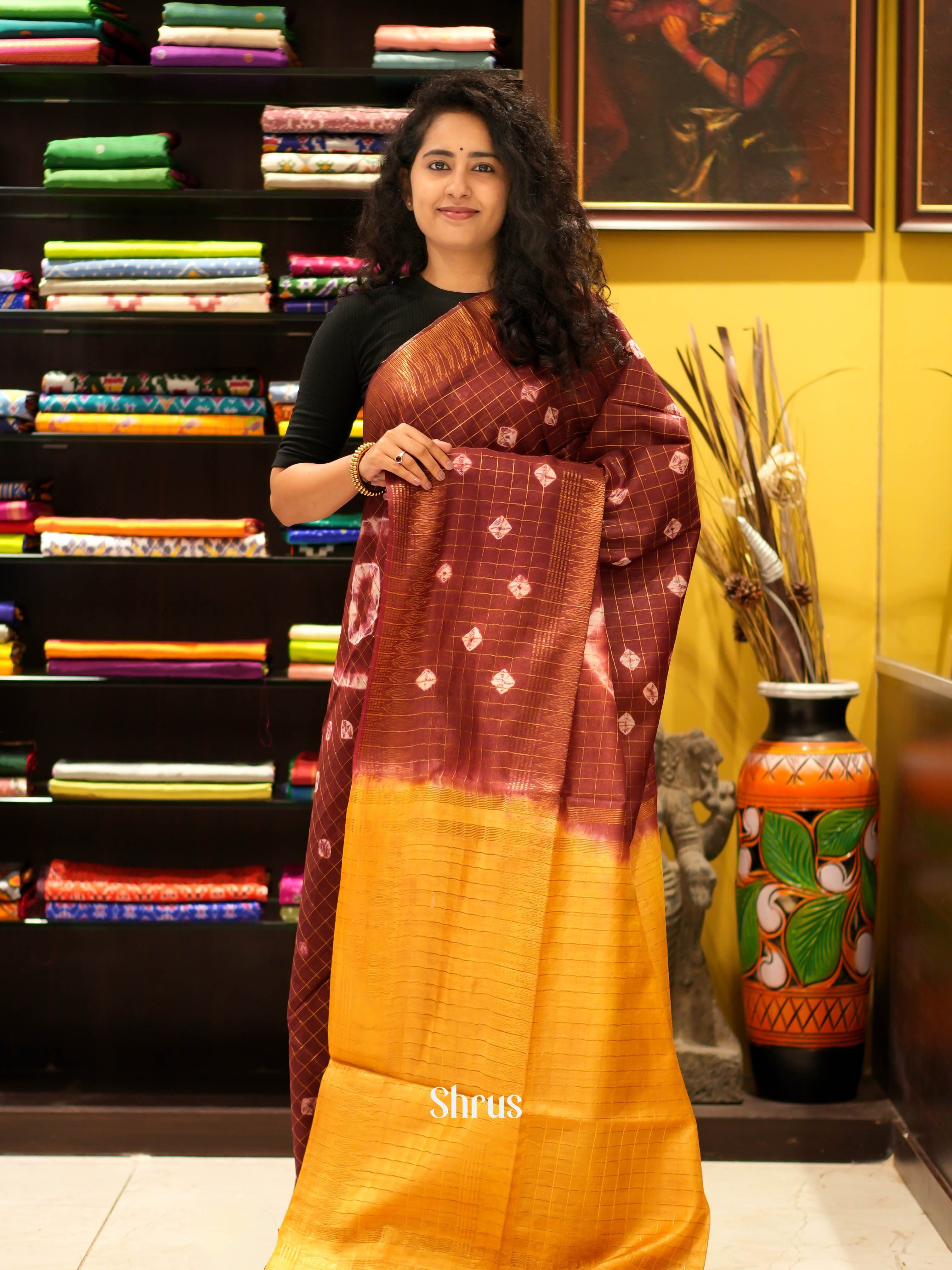 Brown & Yellow - Shibori Saree - Shop on ShrusEternity.com