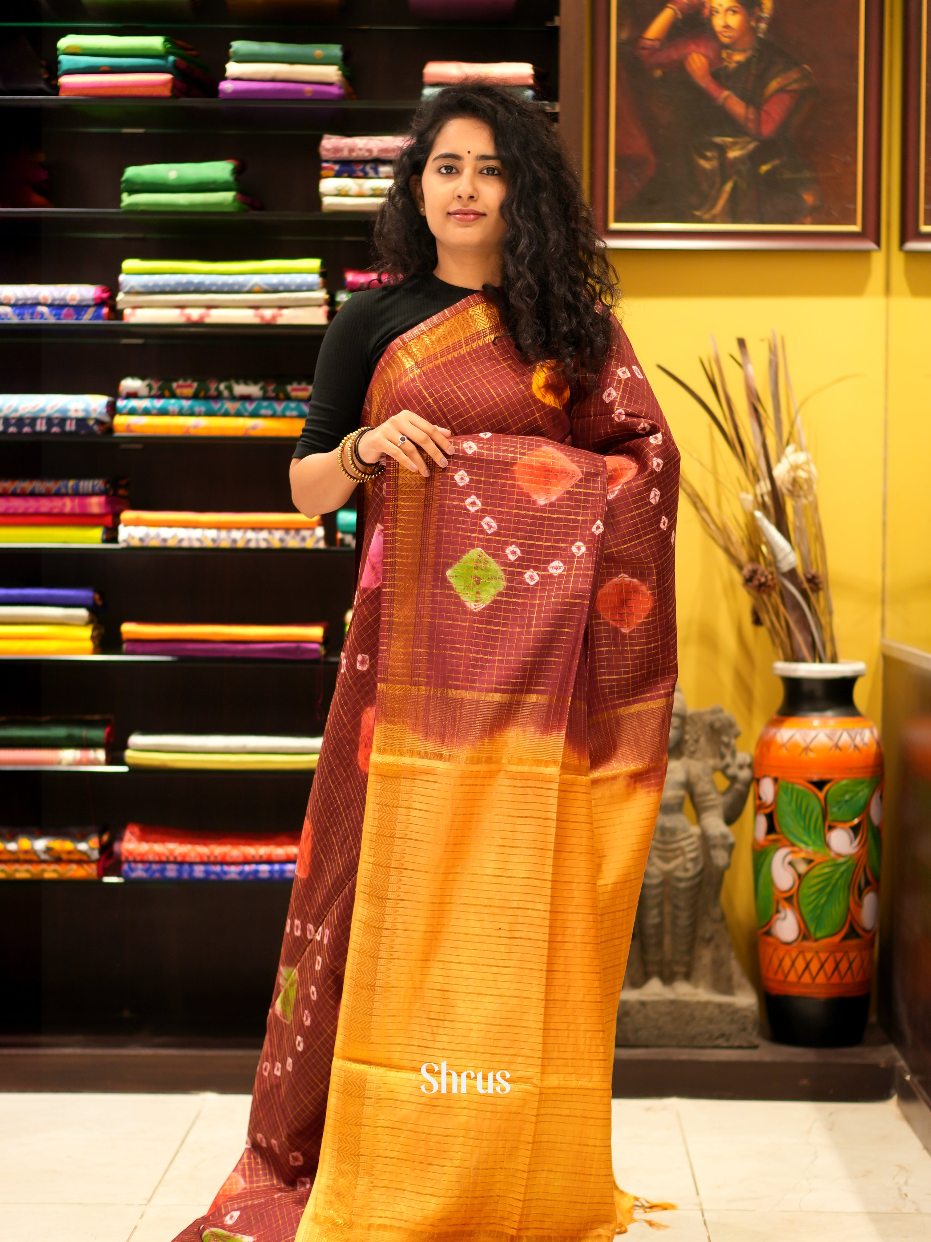 Brown & Yellow - Shibori Saree - Shop on ShrusEternity.com