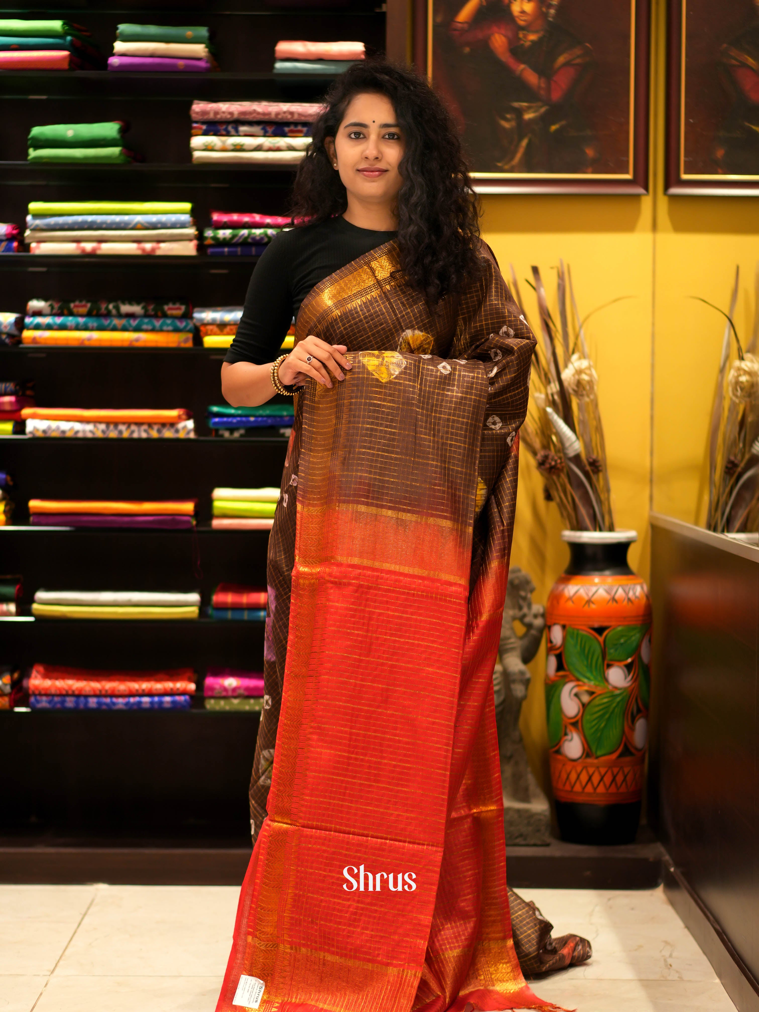 Brown & Red - Shibori Saree - Shop on ShrusEternity.com