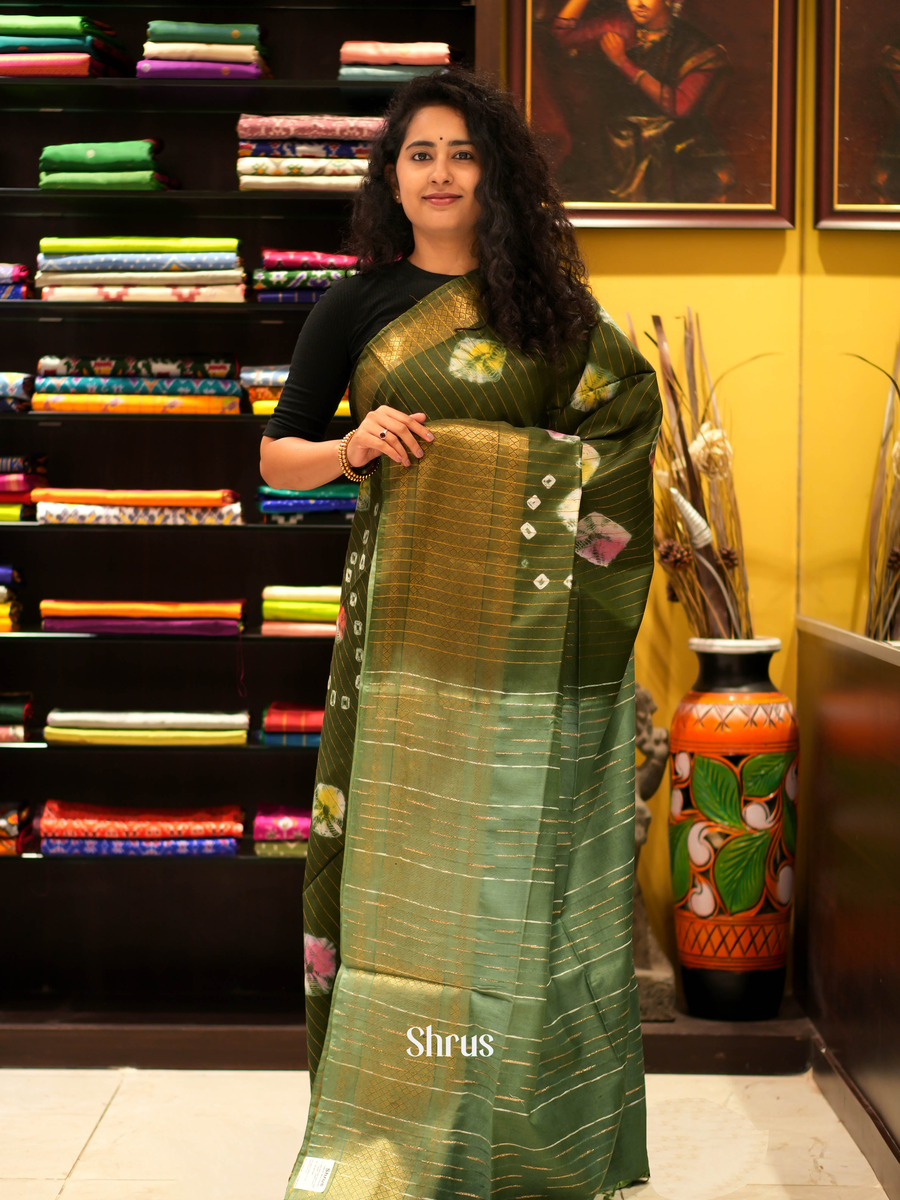 Green & Grey Green - Shibori Saree - Shop on ShrusEternity.com