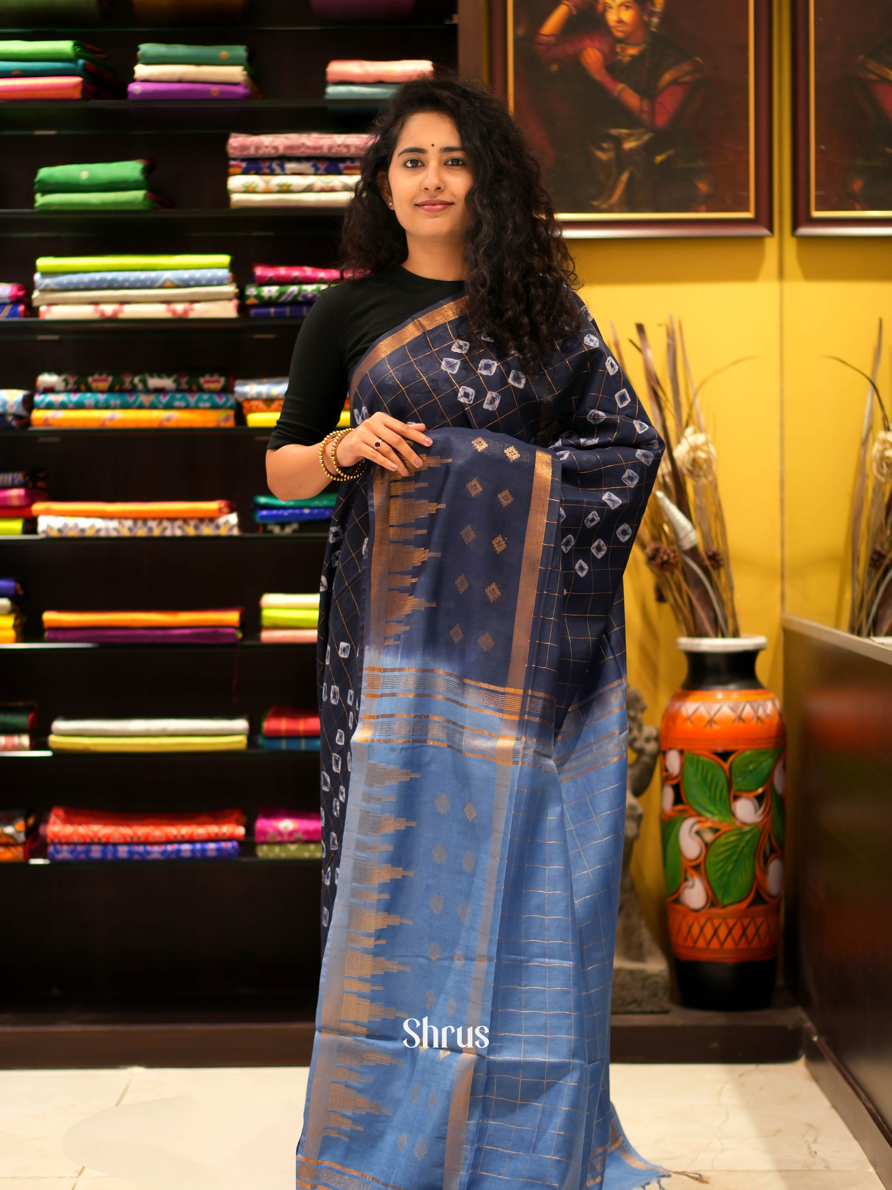 Navy Blue & Blue - Shibori Saree - Shop on ShrusEternity.com