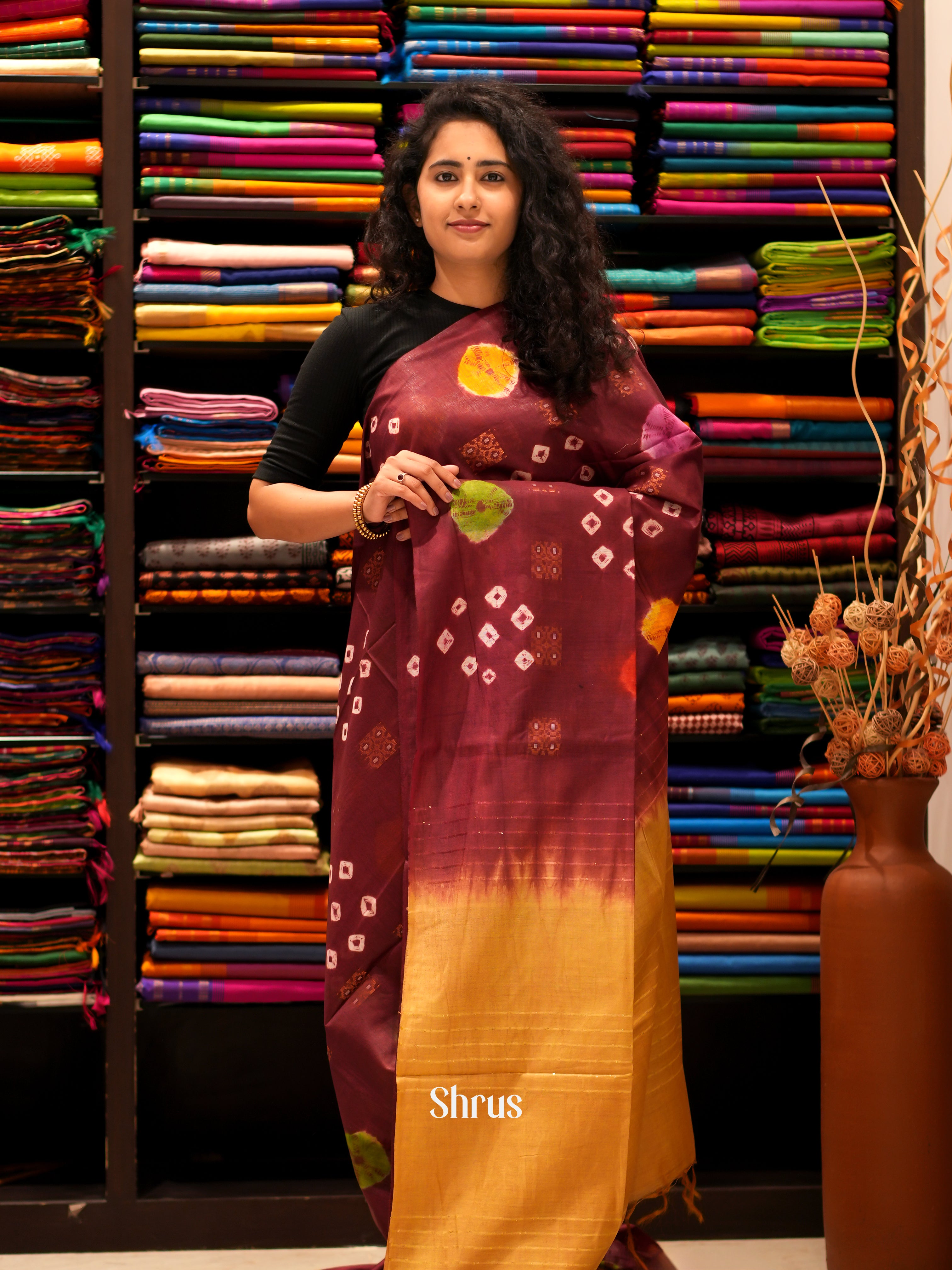 Brown & Mustard - Shibori Saree - Shop on ShrusEternity.com