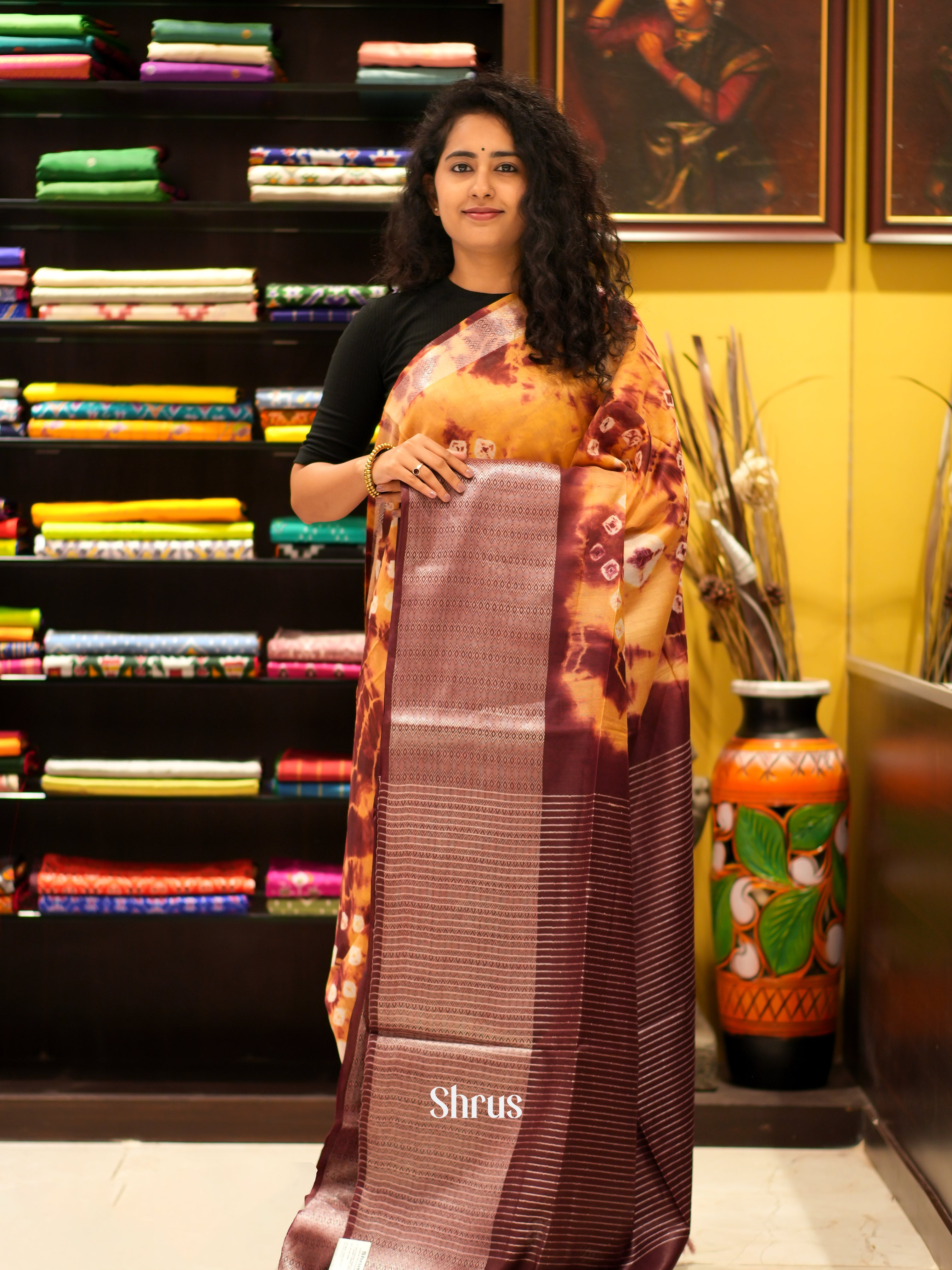 Mustard & Brown - Shibori Saree - Shop on ShrusEternity.com