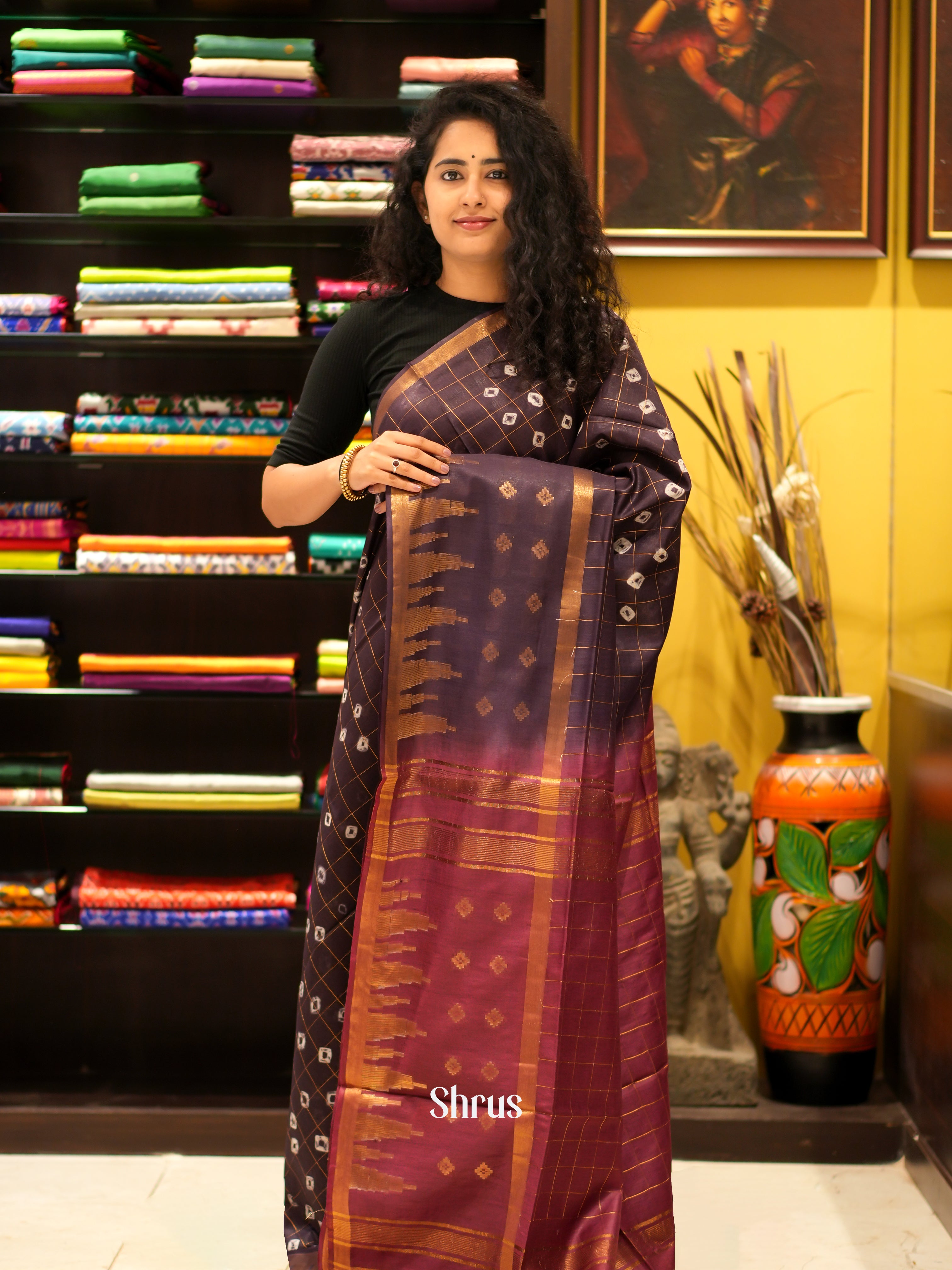 Dark Brown & Brown- Shibori Saree - Shop on ShrusEternity.com