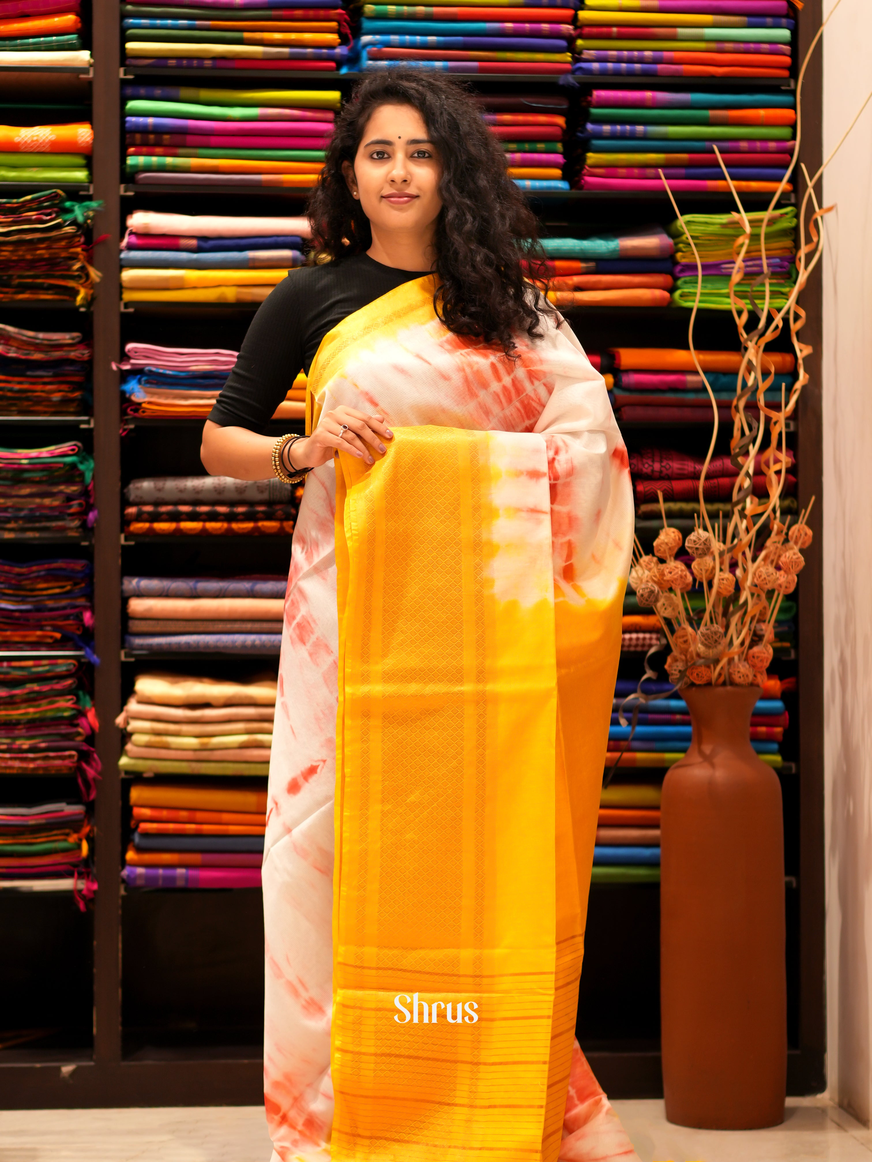Cream & Yellow- Shibori Saree - Shop on ShrusEternity.com