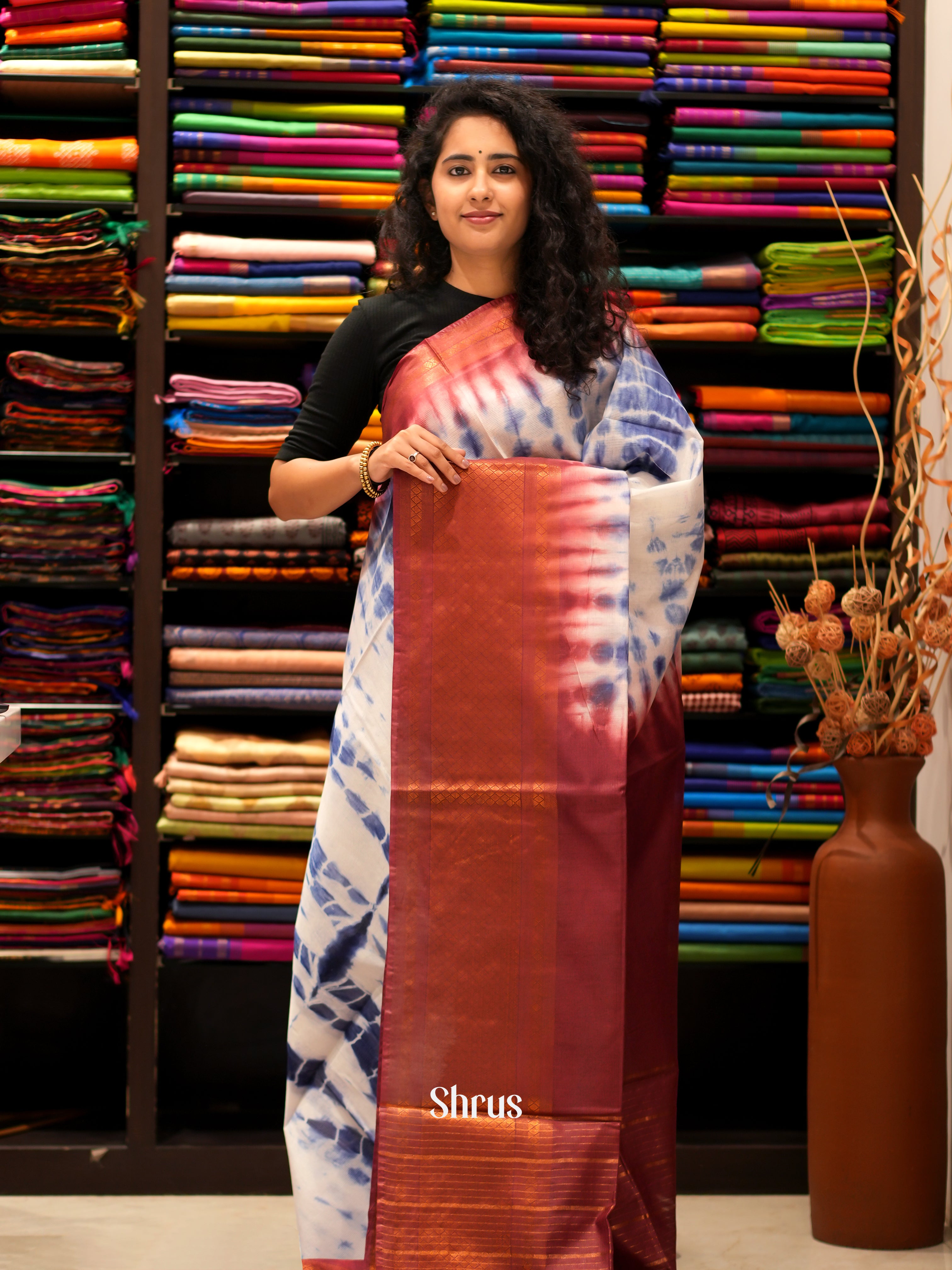 Cream & Brown - Shibori Saree - Shop on ShrusEternity.com