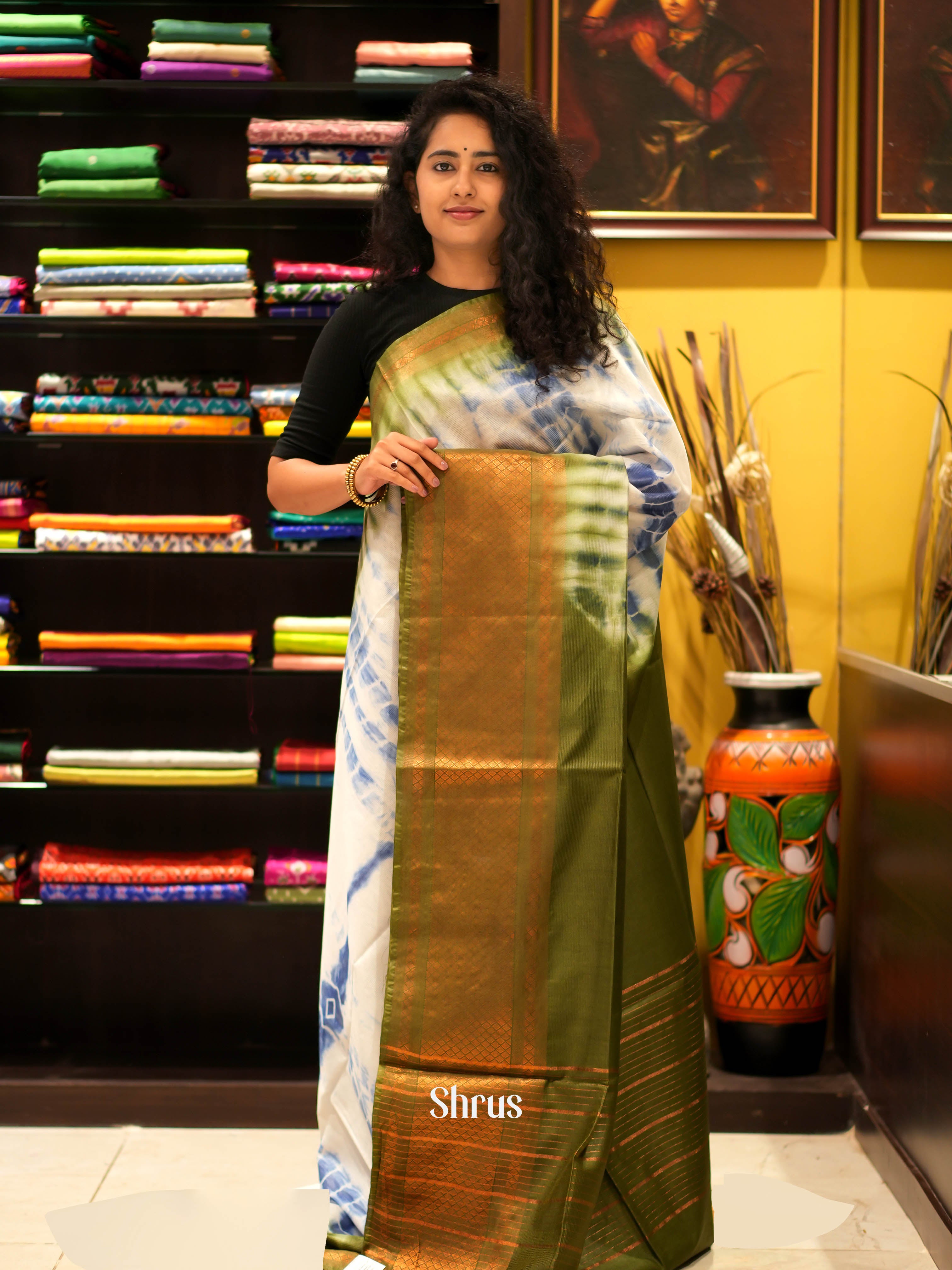 Cream & Green- Shibori Saree - Shop on ShrusEternity.com