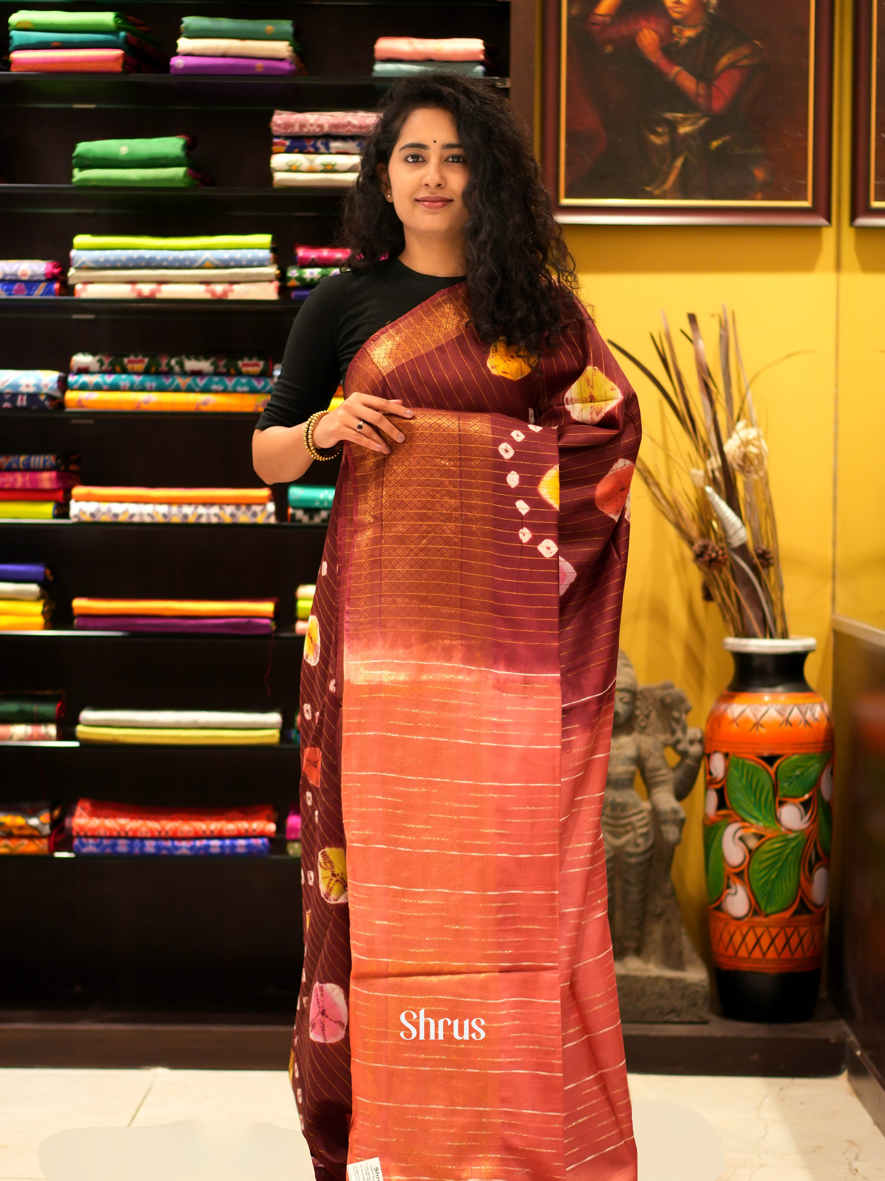 Brown & Orangish Pink - Shibori Saree - Shop on ShrusEternity.com