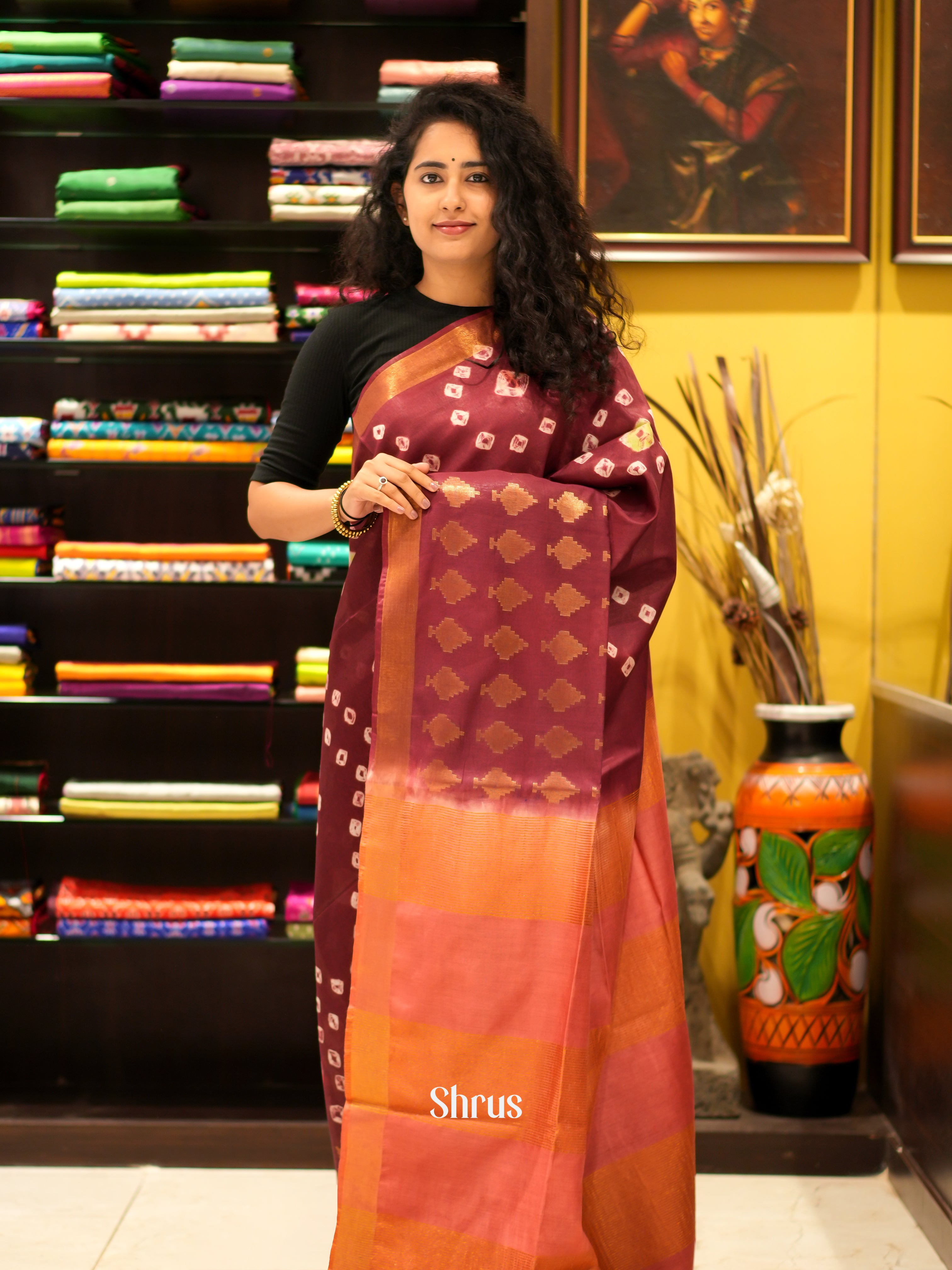 Brown & Orange - Shibori Saree - Shop on ShrusEternity.com