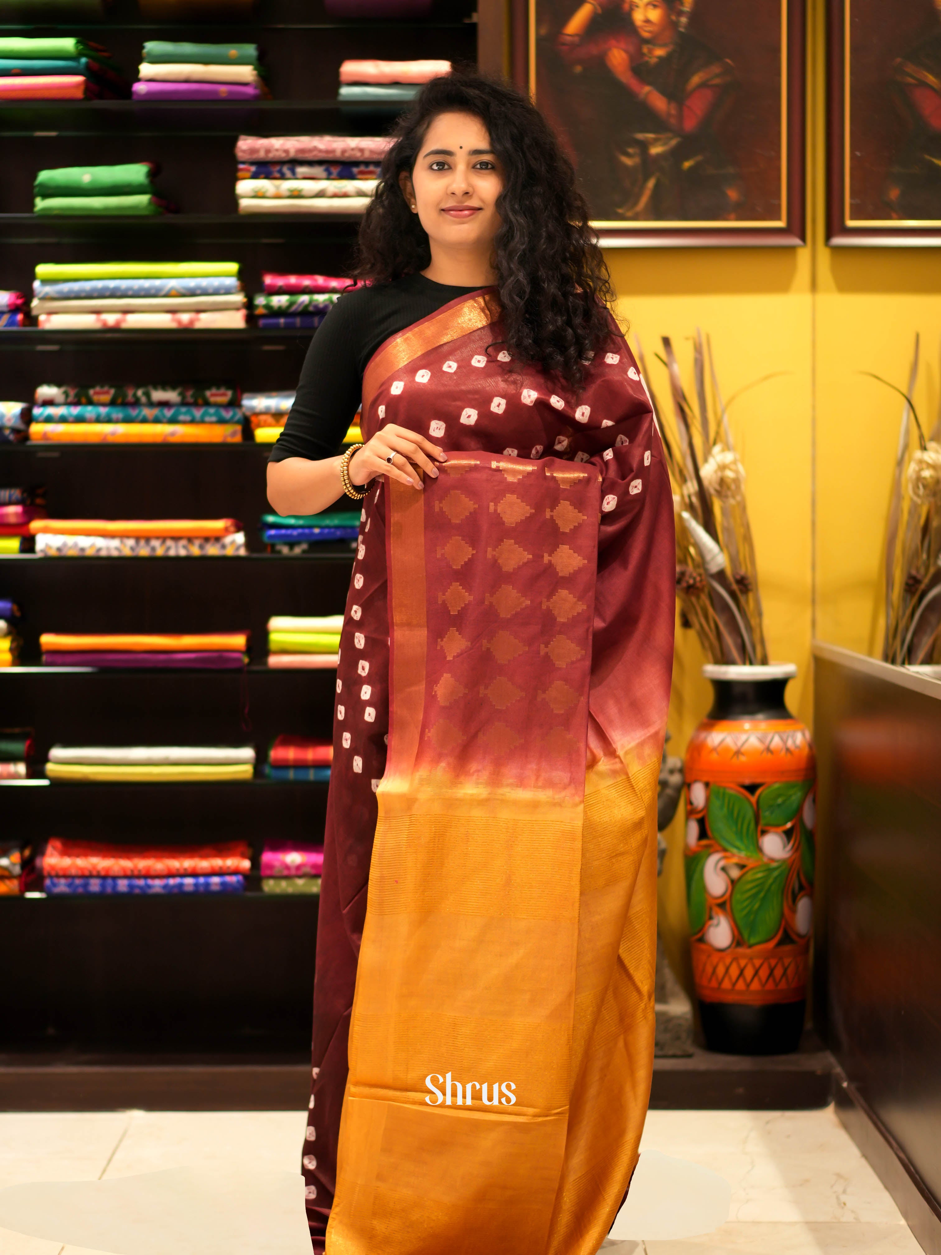 Brown & Mustard - Shibori Saree - Shop on ShrusEternity.com