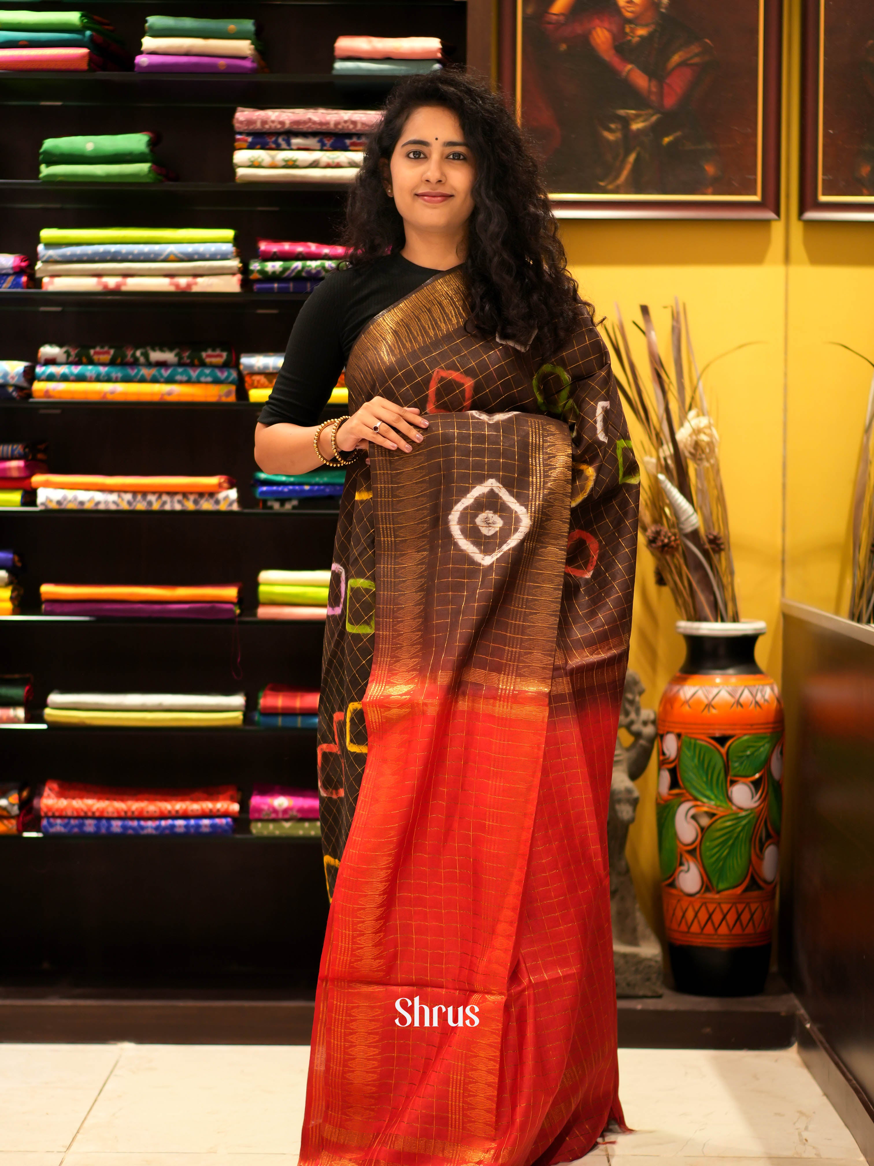 Brown & Red - Shibori Saree - Shop on ShrusEternity.com