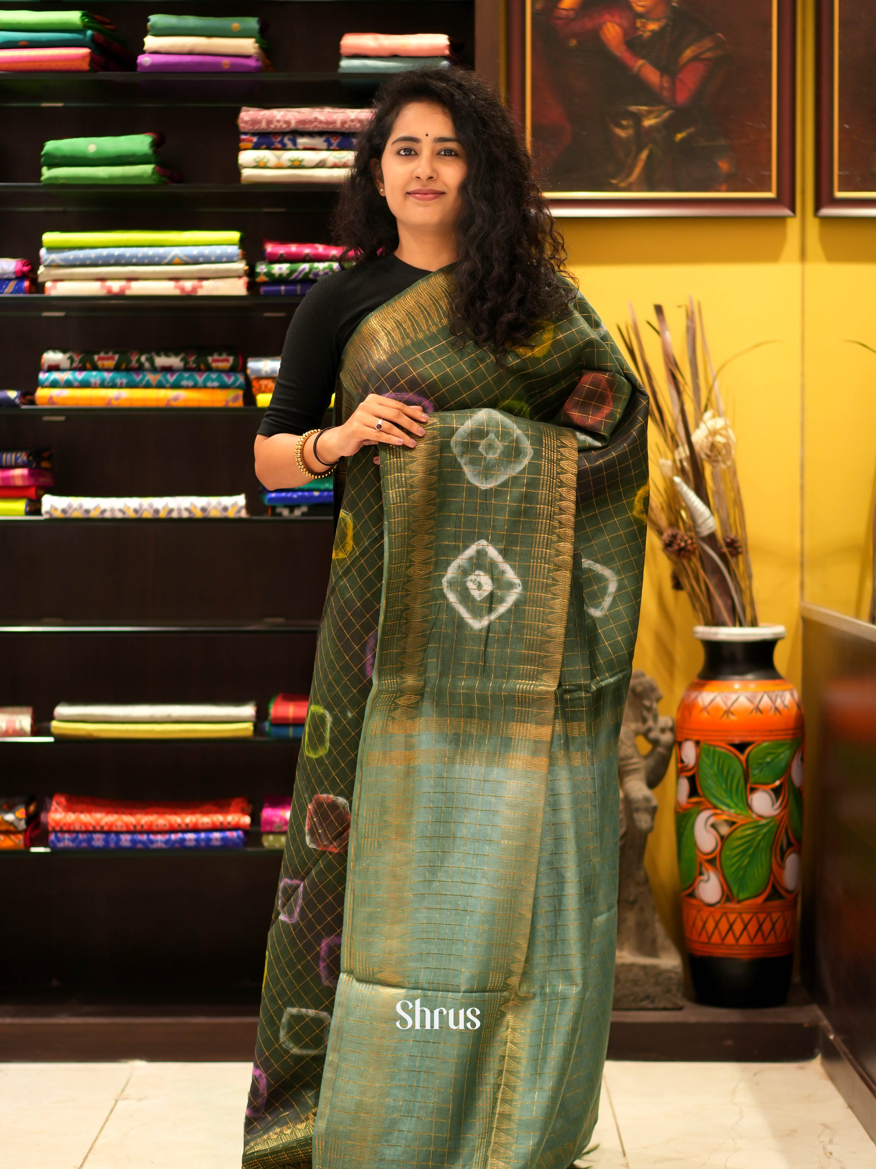 Mehandi Green & Grey Green - Shibori Saree - Shop on ShrusEternity.com