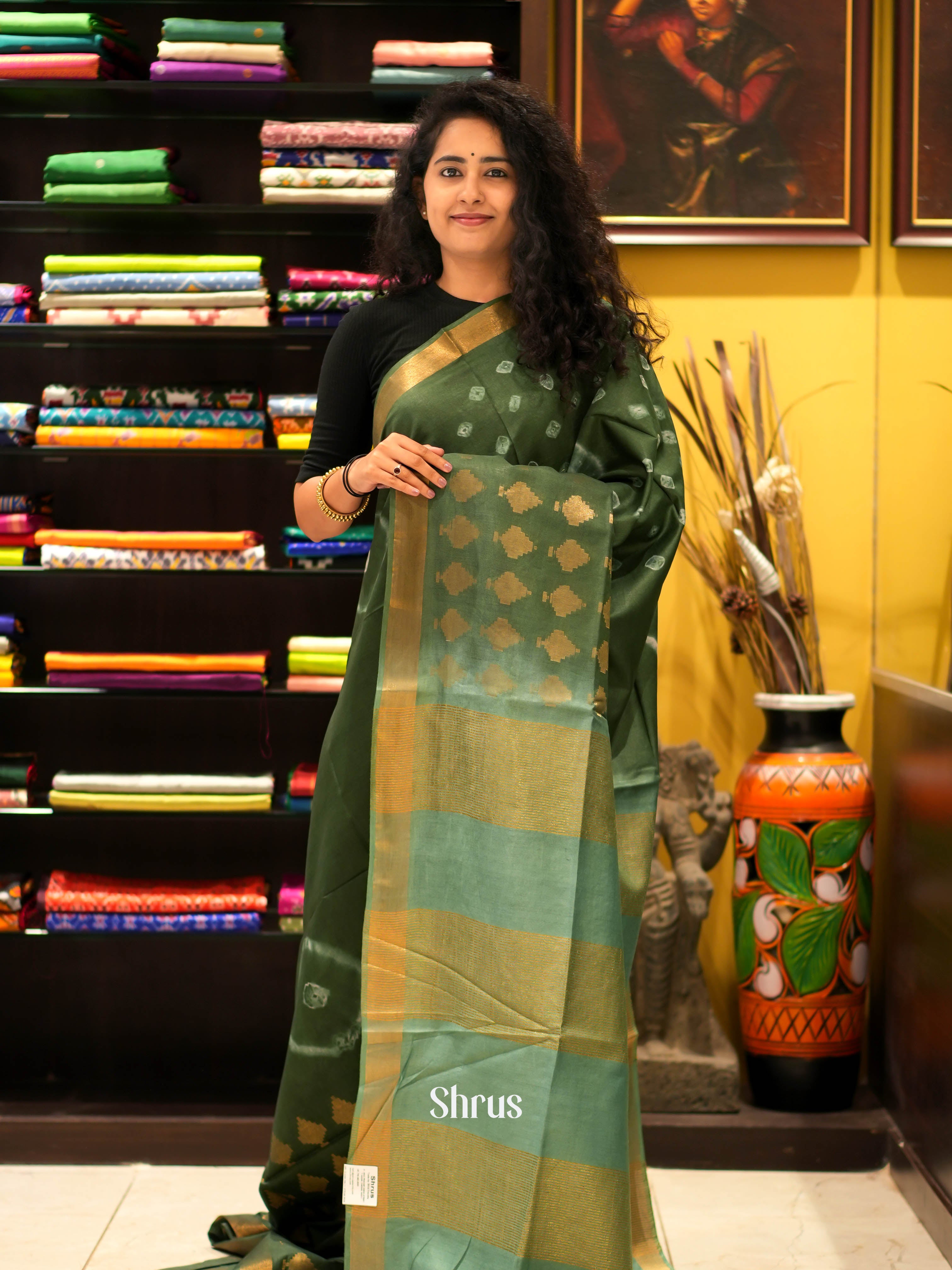 Mehandi Green & Green- Shibori Saree - Shop on ShrusEternity.com