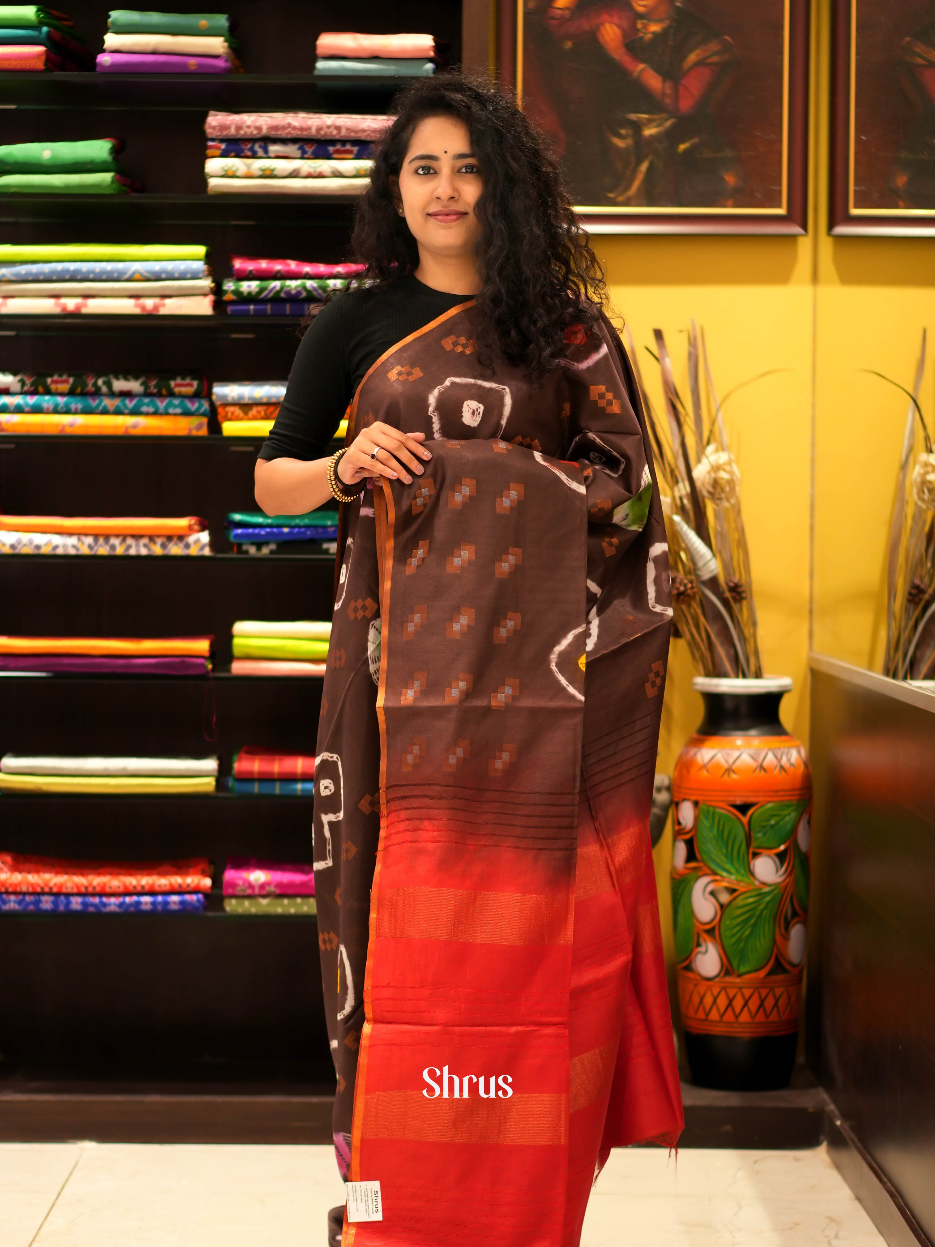 Brown & Red - Shibori Saree - Shop on ShrusEternity.com