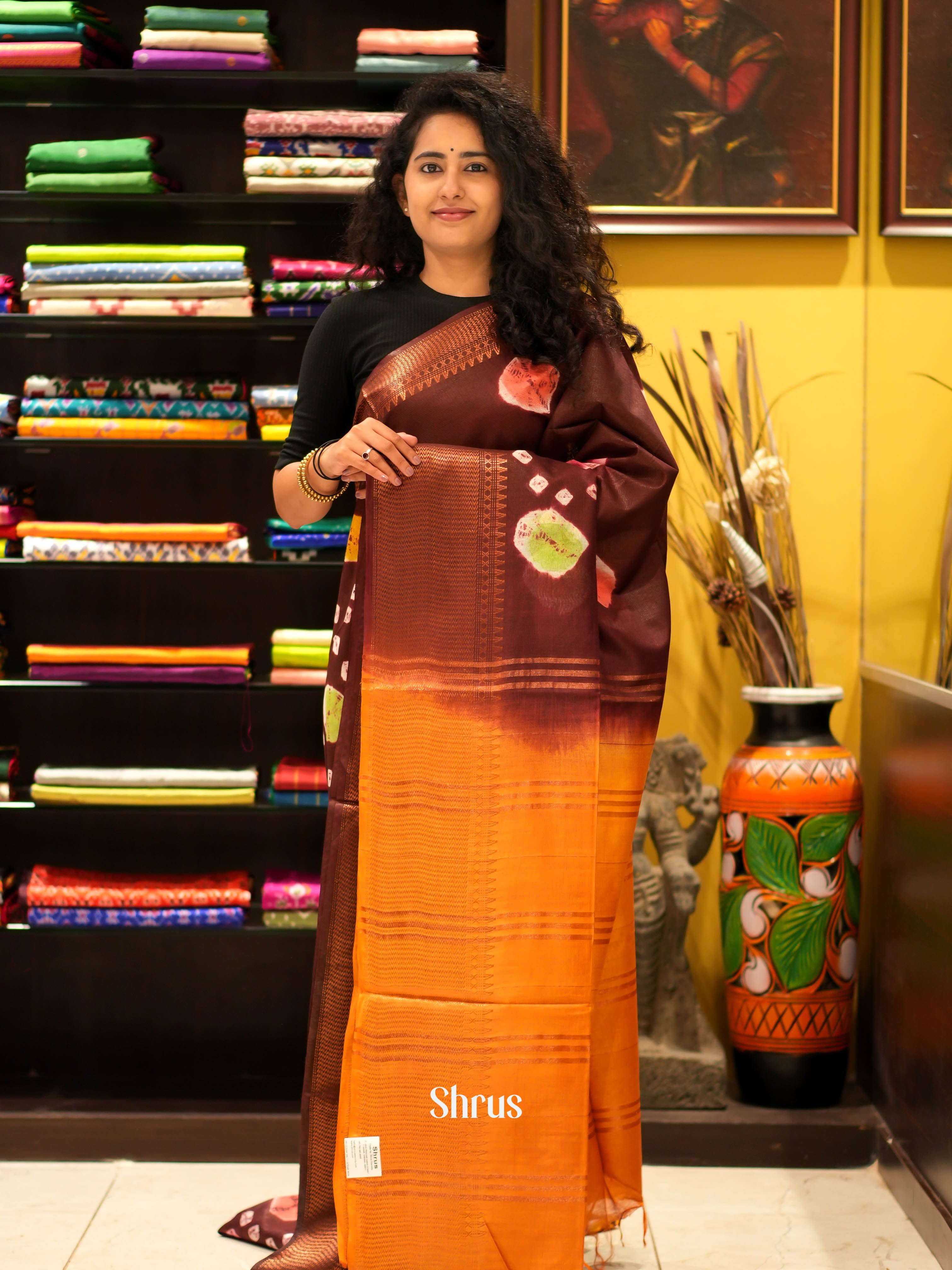 Brown & Orange- Shibori Saree - Shop on ShrusEternity.com