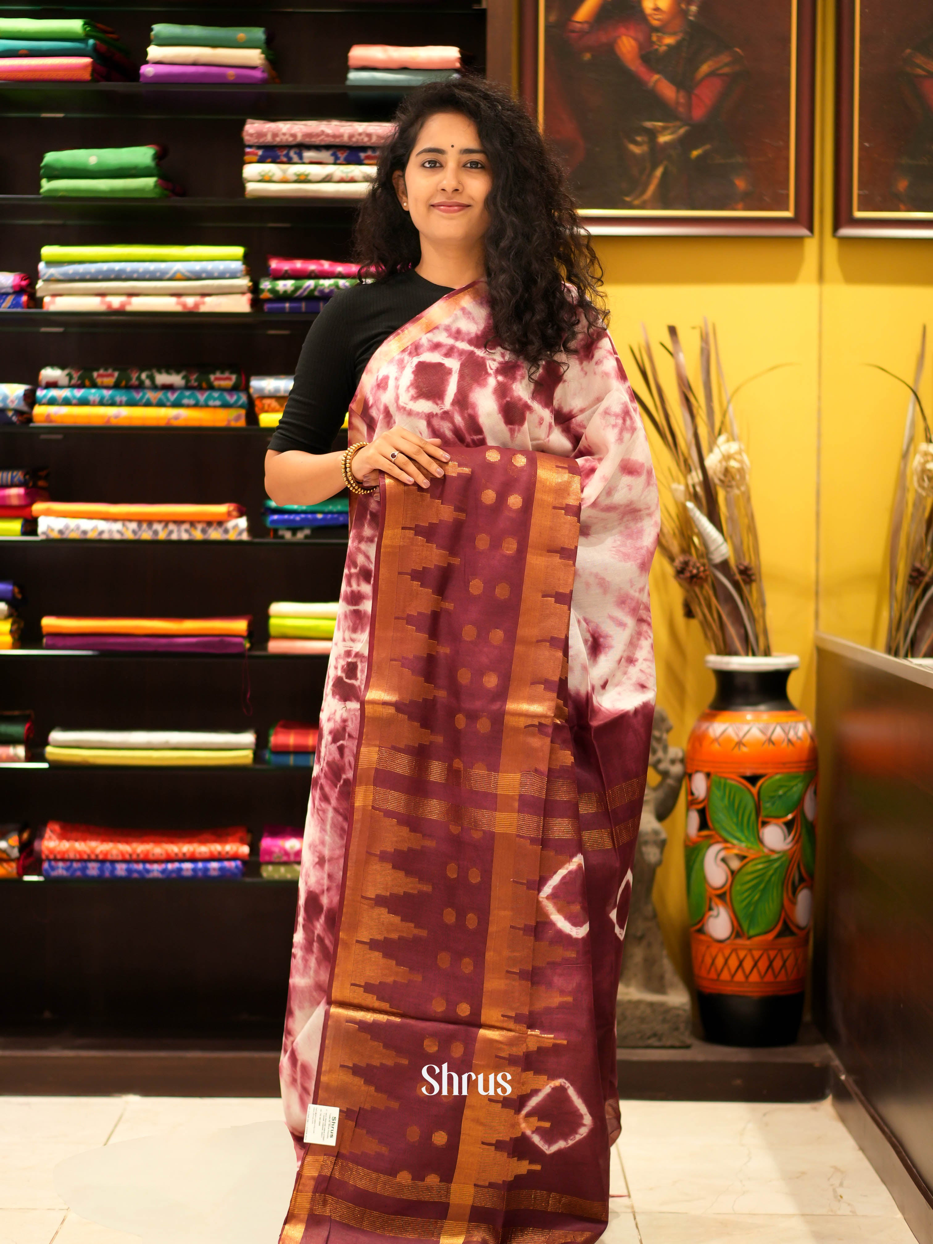 Cream & Brown - Shibori Saree - Shop on ShrusEternity.com