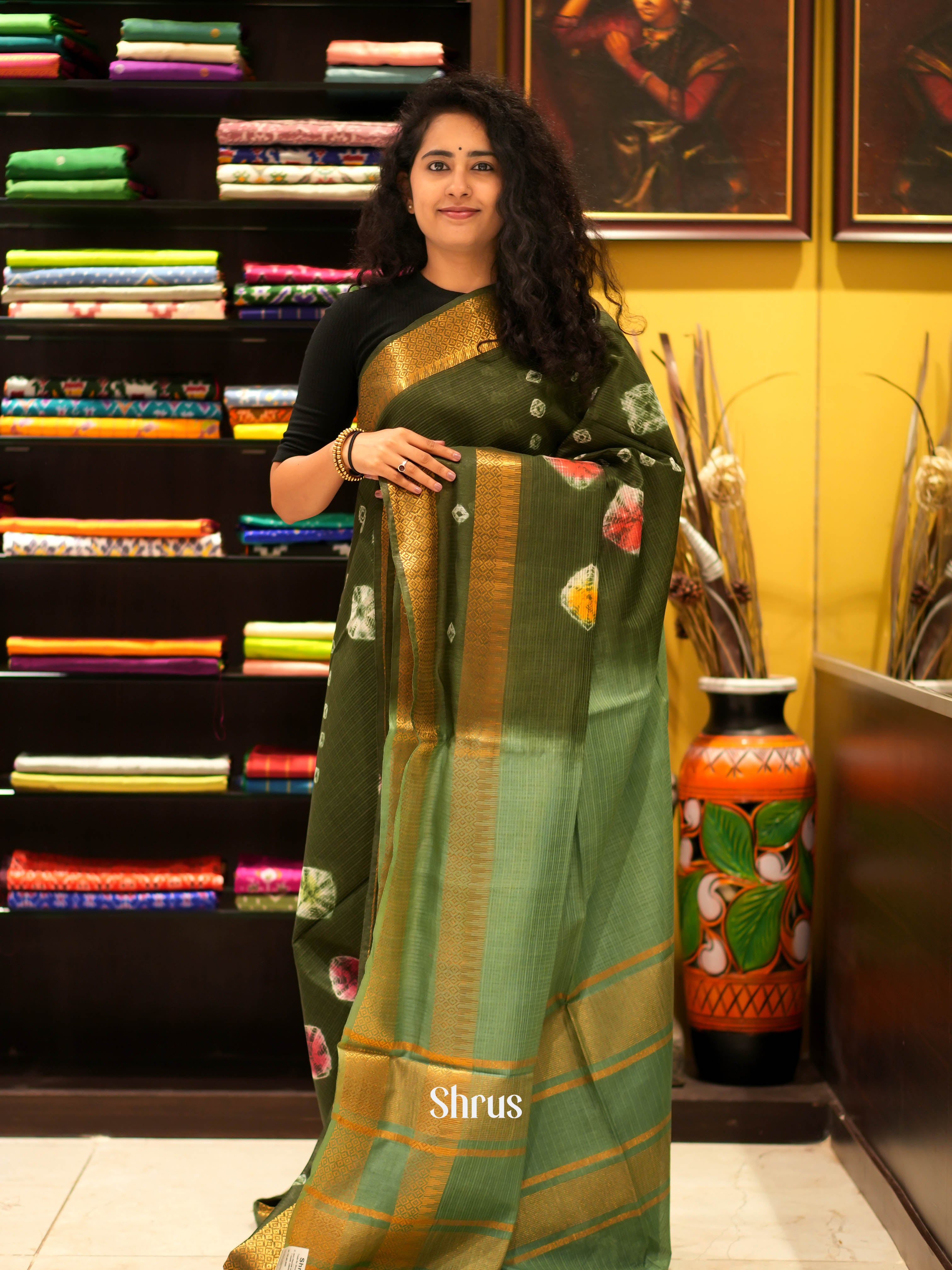 Mehandi Green & Green- Shibori Saree - Shop on ShrusEternity.com