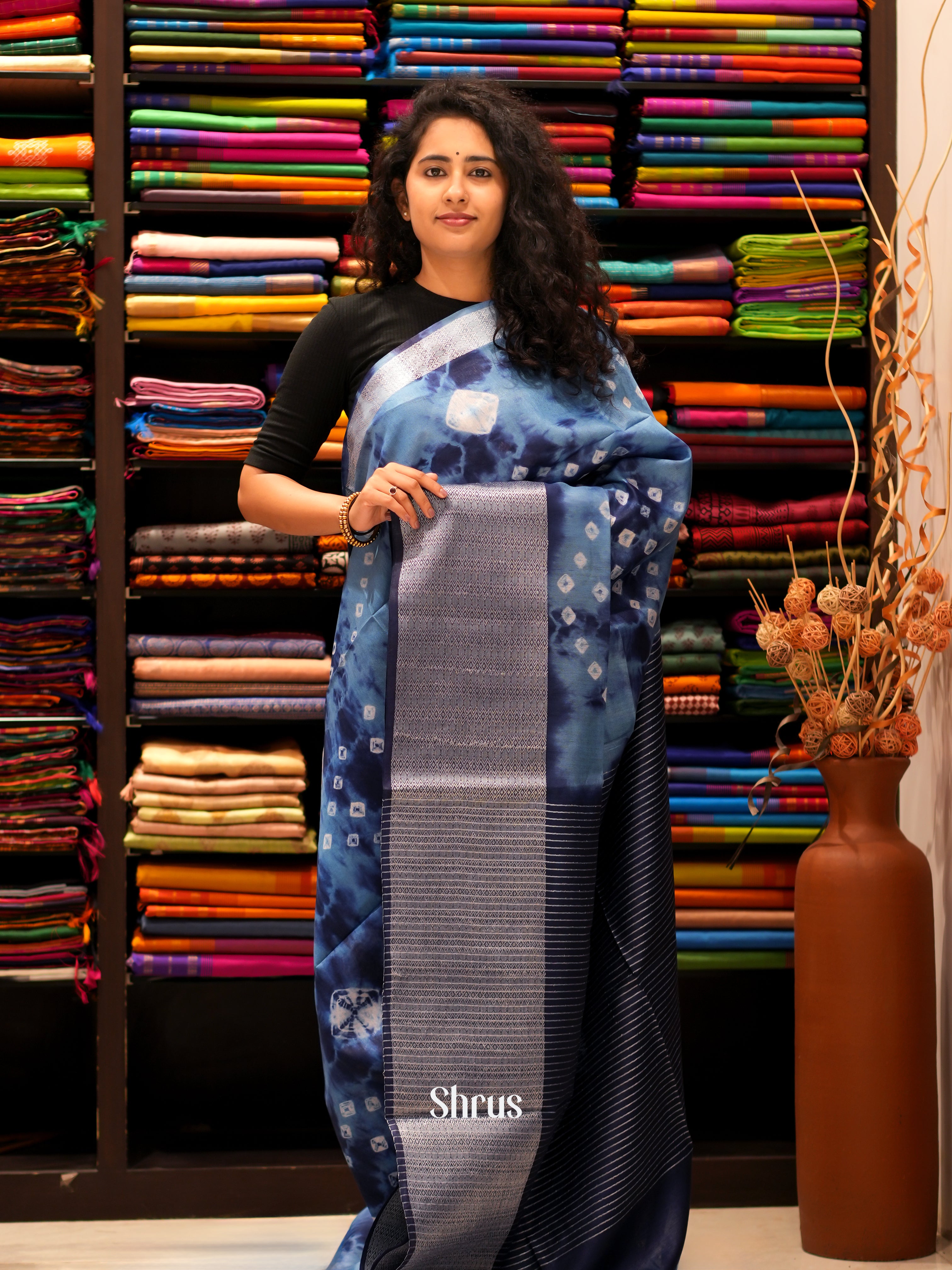Navy blue & Lite Blue - Shibori Saree - Shop on ShrusEternity.com