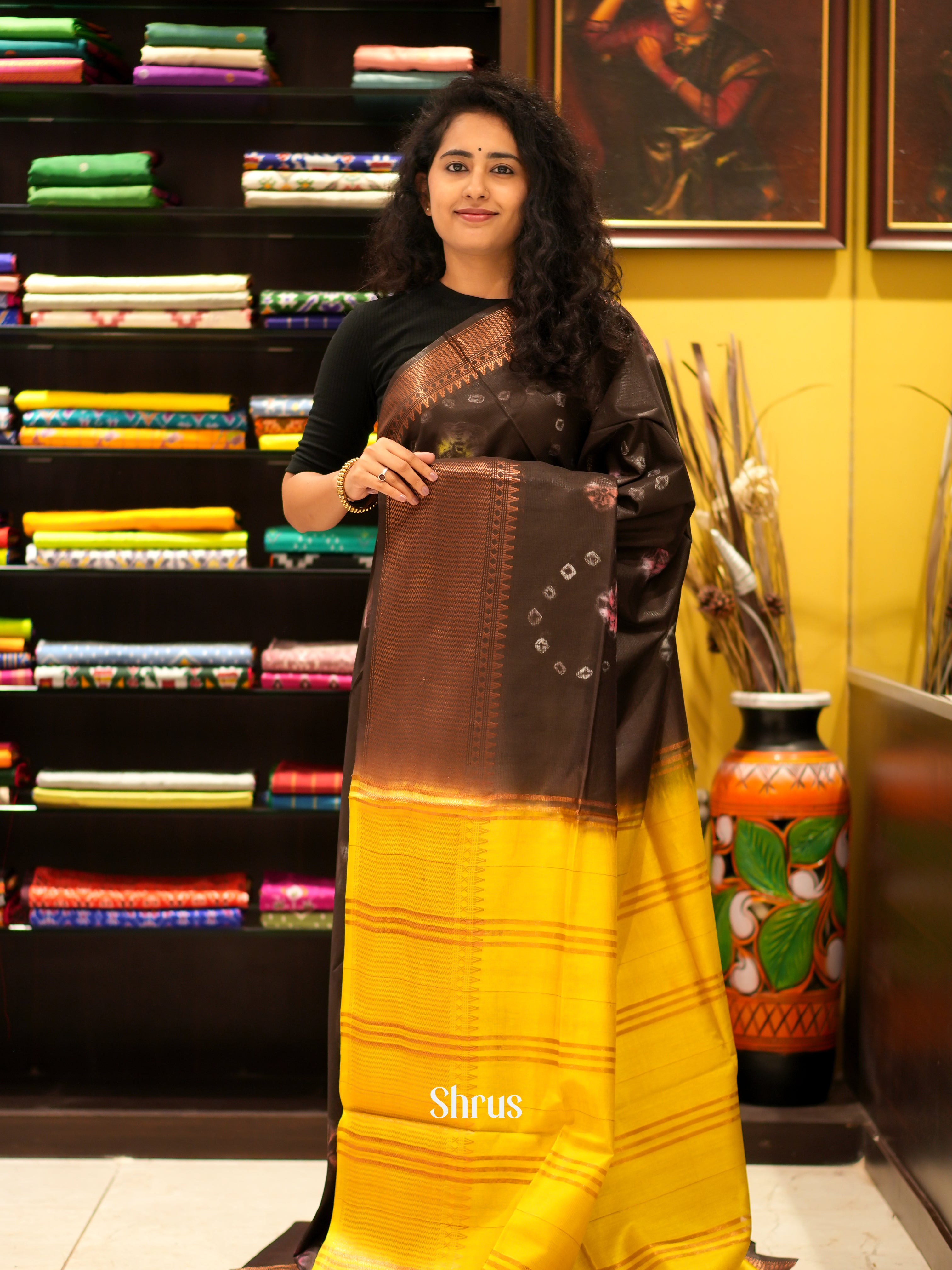 Brown & Yellow - Shibori Saree - Shop on ShrusEternity.com