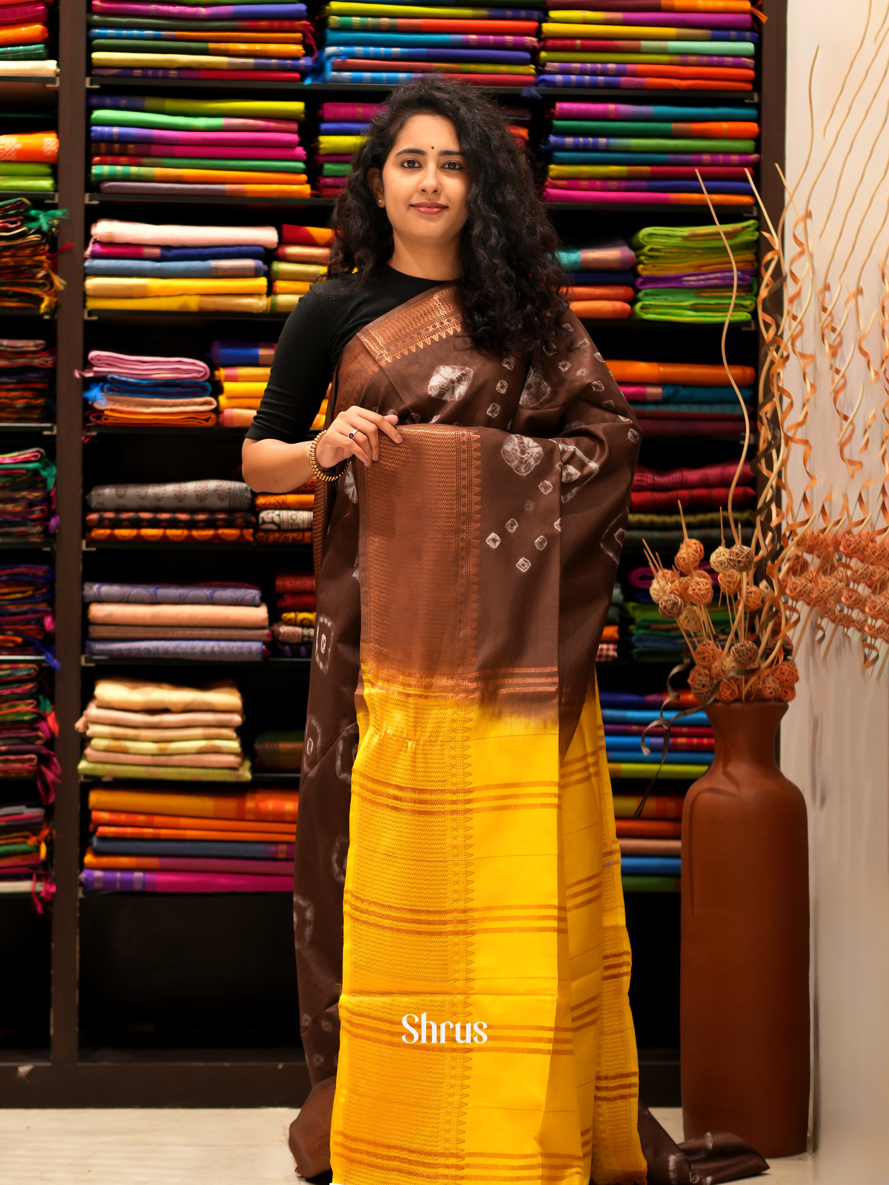 Brown & Yellow - Shibori Saree - Shop on ShrusEternity.com
