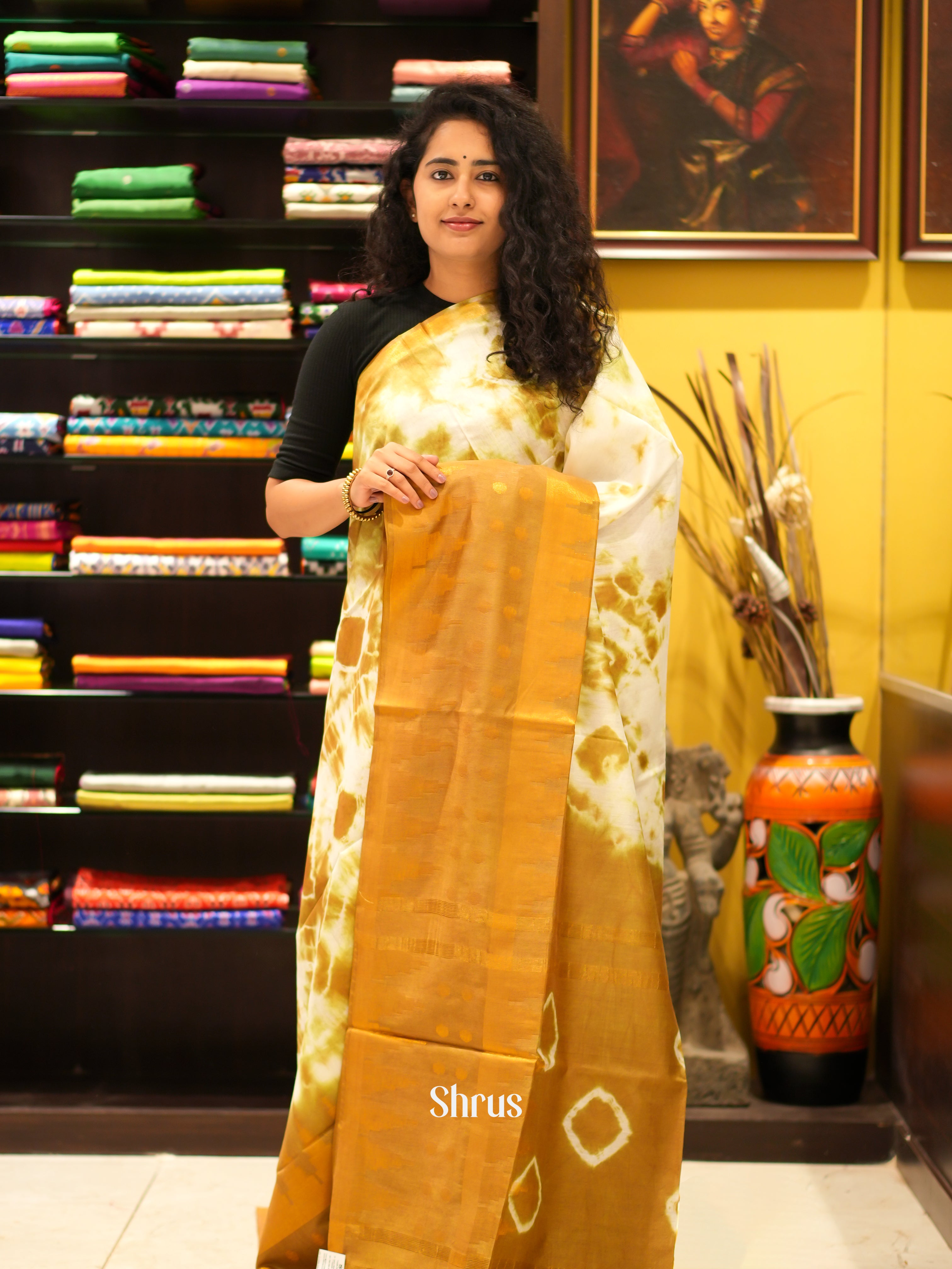 Cream & Mustardy Brown - Shibori Saree - Shop on ShrusEternity.com