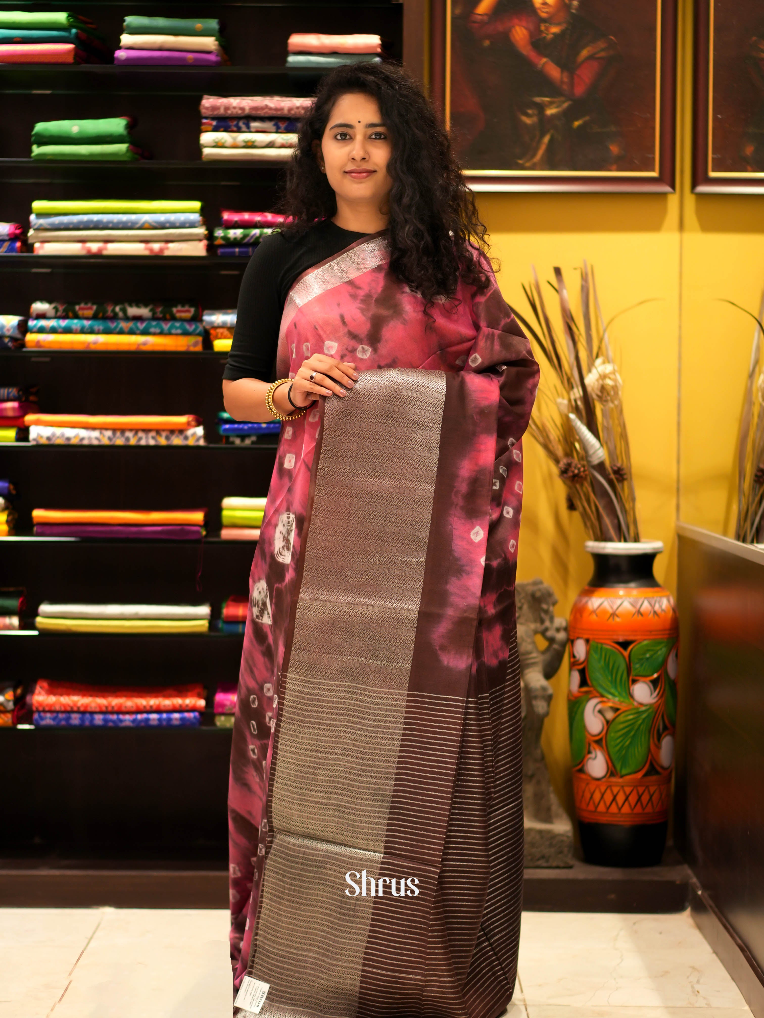 Pink & Brown - Shibori Saree - Shop on ShrusEternity.com