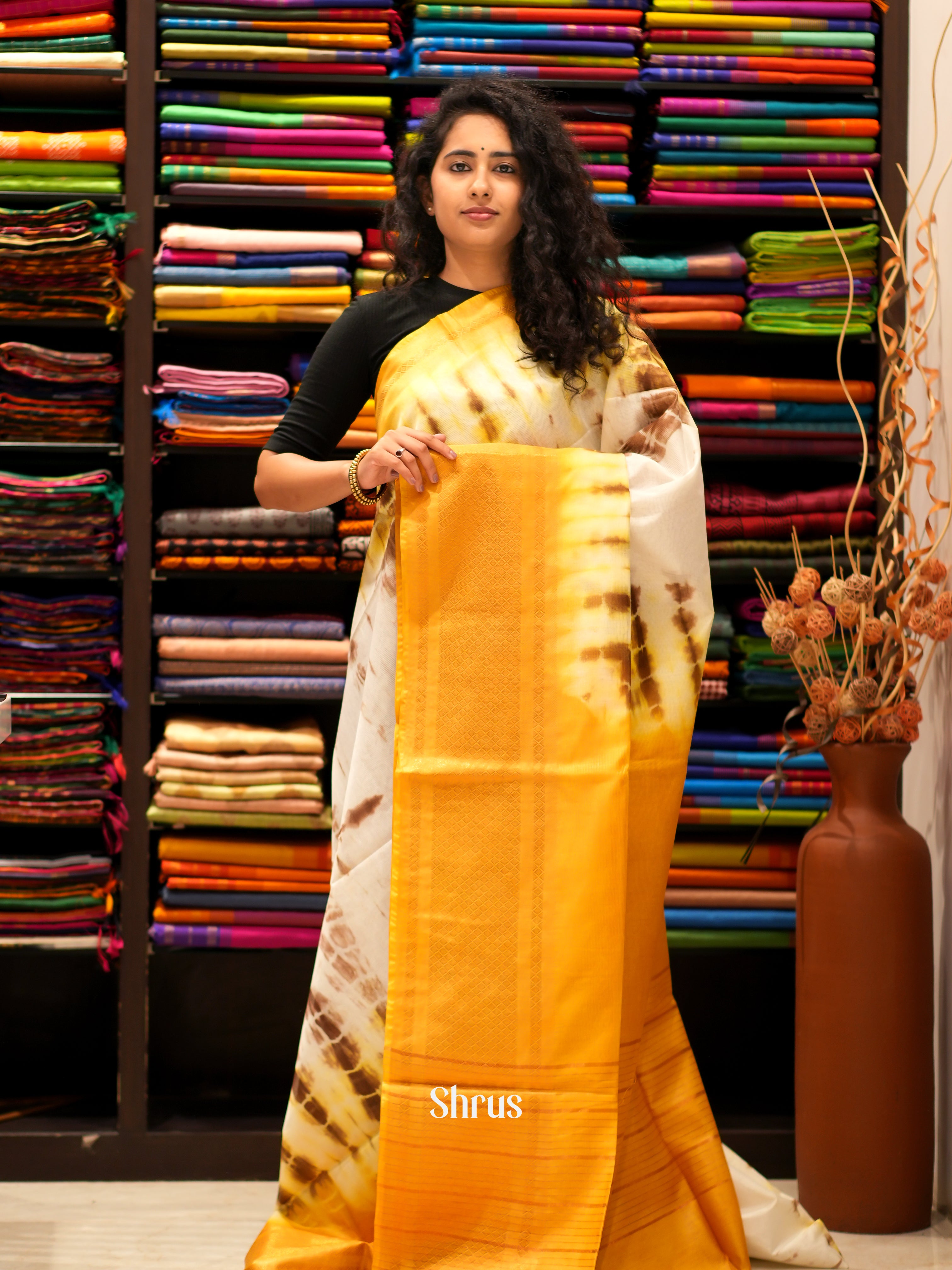 Cream & Yellow - Shibori Saree - Shop on ShrusEternity.com